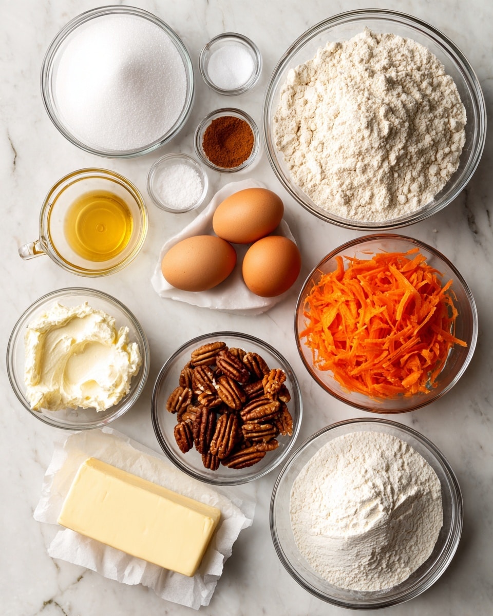 A top view shows clear glass bowls and a measuring cup arranged on a white marbled surface, each holding different baking ingredients. On the left, there's a large bowl of white sugar, below it a measuring cup with light yellow oil, and small glass bowls with white salt, baking powder, and vanilla extract. In the center, a big bowl holds white flour, with a smaller bowl of four brown eggs above it. Next to the eggs is a small bowl of white cream cheese. On the right, a large measuring cup is filled with shredded bright orange carrots, with a small bowl of brown cinnamon and another small bowl of chopped pecans nearby. Below the carrots is a big bowl of powdered white sugar, and in front of it is a stick of pale yellow butter resting on its wrapper. Photo taken with an iphone --ar 4:5 --v 7