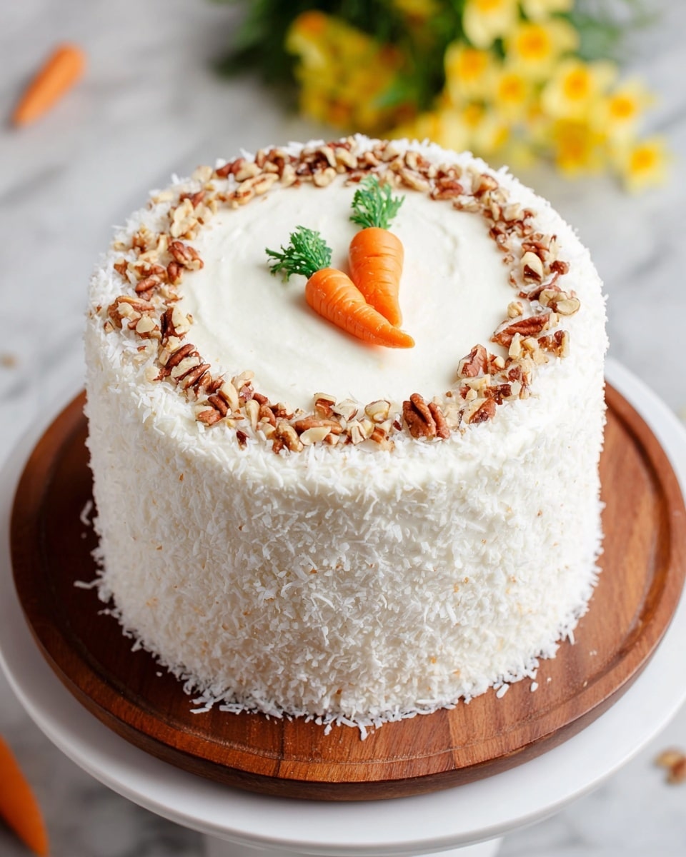 A tall round cake covered fully with white fluffy frosting and coated with white coconut flakes on the sides, sitting on a wooden board placed on a white plate. The top surface is smooth white frosting with a ring of chopped brown nuts near the edge, and in the center there are two small bright orange carrots made from icing with green leafy tops. The background shows a white marbled surface with hints of yellow flowers blurred in the distance. Photo taken with an iphone --ar 4:5 --v 7