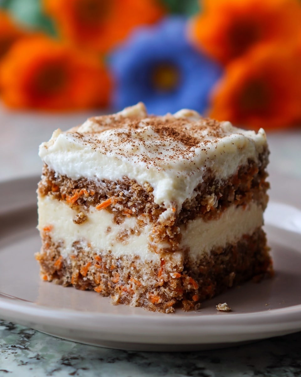 A square piece of layered carrot cake sits on a white plate, highlighting three distinct layers: the bottom layer is a dense, crumbly carrot cake with small visible orange carrot bits and brown nut pieces; the middle layer is creamy and light with a smooth texture, likely cream cheese filling; the top layer is thick white frosting with a slightly fluffy, soft texture, dusted lightly with a brown spice powder on top. The background shows a white marbled surface with out-of-focus orange and blue flower shapes. photo taken with an iphone --ar 4:5 --v 7