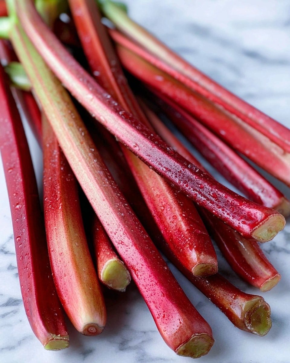 A bunch of long, fresh rhubarb stalks lie close together on a white marbled surface. The stalks show a mix of deep red and light pink hues, with hints of green at the top where they begin to fade. The texture of the stalks is firm and slightly shiny with a few water droplets scattered on them, giving a fresh look. The ends of the stalks are cut, showing a rough texture and some natural browning. The image focuses closely on the rhubarb, showing the rich colors and smooth yet slightly fibrous surfaces, with the white marbled surface softly out of focus in the background. photo taken with an iphone --ar 4:5 --v 7