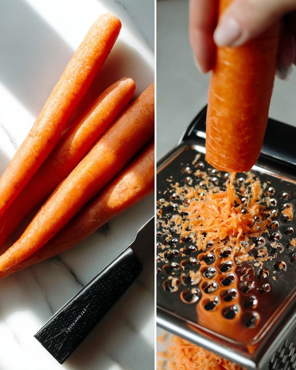 The image shows three whole bright orange carrots and a black vegetable peeler with a shiny blade laying on a white marbled surface with a slight texture. Next to this, there is a close-up view of a woman's hand holding a carrot against a silver box grater, with the carrot pressed against the grater holes showing fine orange shreds coming out. The silver grater has a reflective surface, and the background is softly blurred with a white marbled texture. The lighting is bright and natural, highlighting the textures of the carrot and the metal. photo taken with an iphone --ar 4:5 --v 7