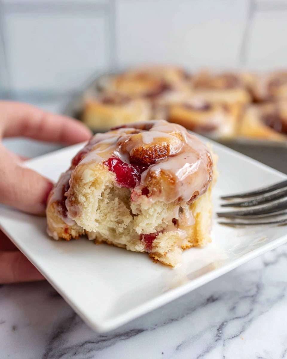 A small piece of a cinnamon roll with a light brown baked outer layer and soft, fluffy inside is shown on a white square plate. The top has a glossy light cream glaze that drips down the sides and has bits of red jelly spread unevenly inside and on top. The roll is held by a woman's hand on the bottom left corner of the plate. The background has a white marbled texture with a blurred view of more cinnamon rolls. A fork with a metal handle is visible under the plate photo taken with an iphone --ar 4:5 --v 7