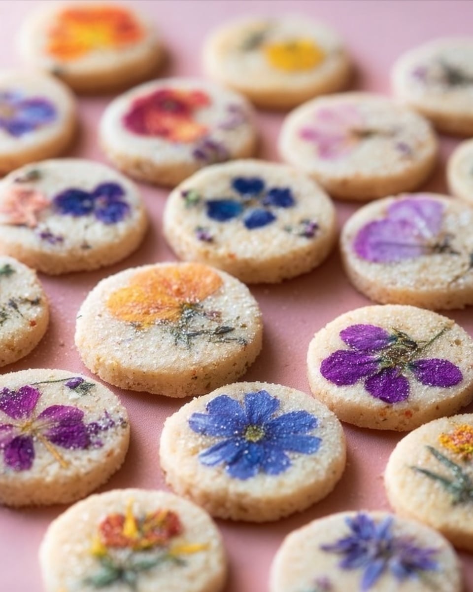The image shows many small round cookies with a pale golden color spread across a soft pink surface. Each cookie has one layer and is decorated on top with colorful pressed edible flowers embedded in the center, showing shades of purple, orange, yellow, blue, and red. The surface of the cookies looks slightly rough with a dusting of sugar giving a light sparkle. Some cookies overlap each other, and the flowers are clearly visible with delicate shapes and petals. The photo has soft natural light and a shallow focus making the cookies appear inviting. Photo taken with an iphone --ar 4:5 --v 7