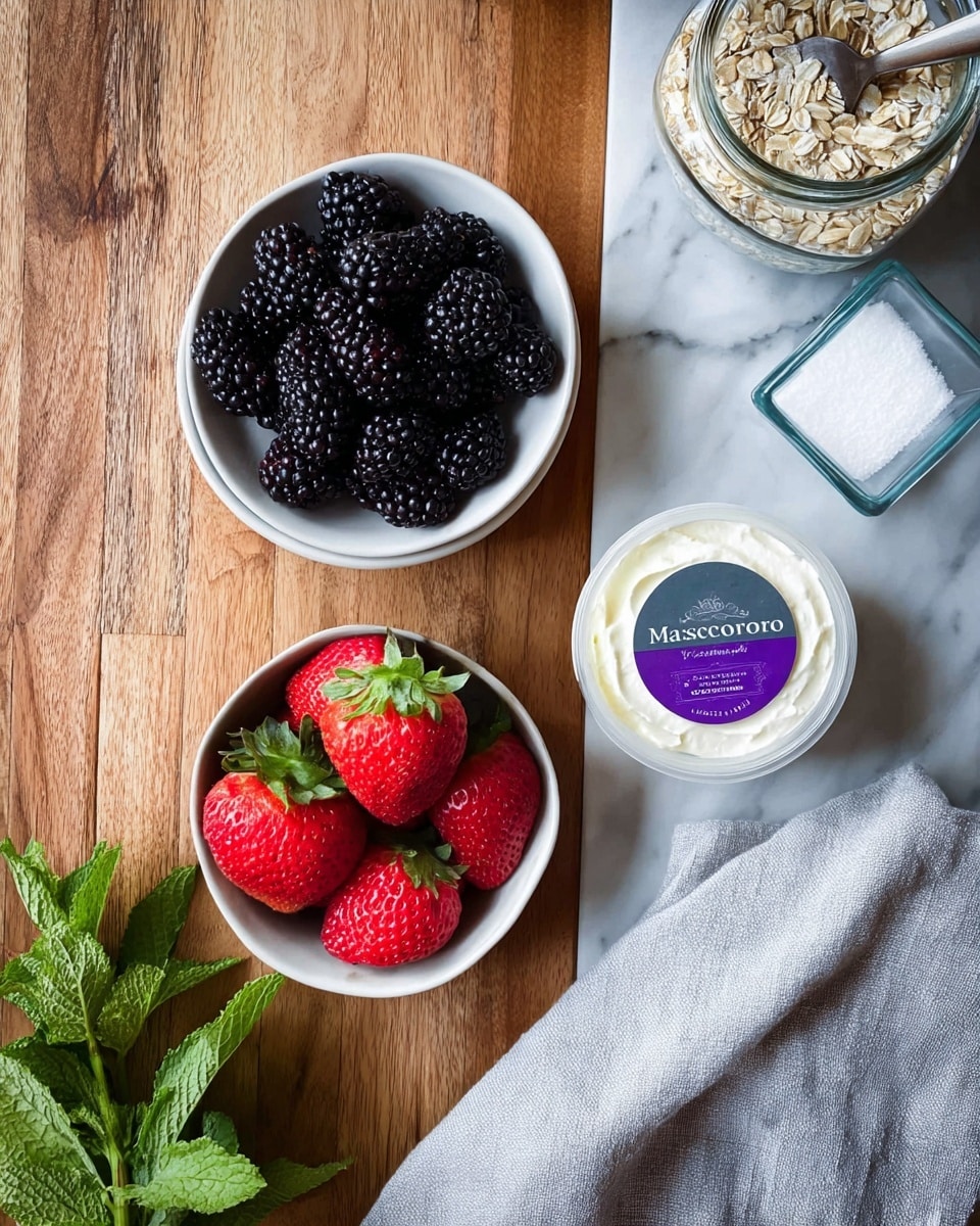 A top view of a wooden table with several items arranged neatly: in the middle left, a white bowl filled with blackberries that are shiny and dark purple, next to it a white bowl with bright red strawberries with green leaves on top, and at the bottom right, a round container of mascarpone cheese with a purple label. To the upper right side, there is a glass jar filled with oats and a spoon inside it, and a clear square container with white sugar. A light gray cloth is laid on the bottom right corner, and a small bunch of fresh green mint leaves is slightly visible at the bottom left edge. The background is a white marbled texture photo taken with an iphone --ar 4:5 --v 7