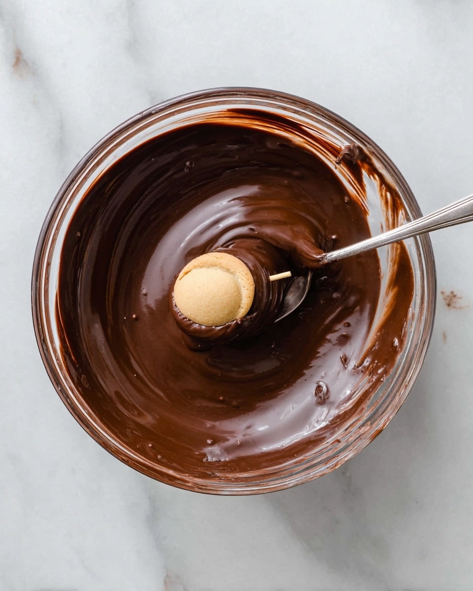 A clear glass bowl filled with thick, smooth dark chocolate, with a small round light beige cookie or biscuit partly dipped in the chocolate and held by a thin stick, resting in the center; a silver spoon is placed inside the bowl on the right side, with chocolate smeared around the inner edges of the bowl, all set on a white marbled surface photo taken with an iphone --ar 4:5 --v 7