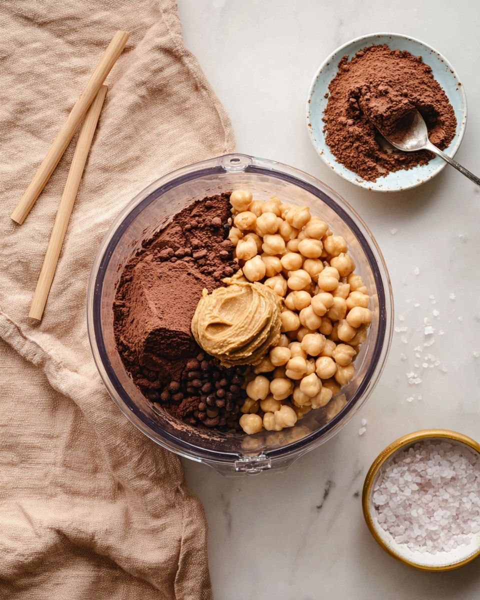 A clear blender bowl sits on a soft beige cloth on a white marbled surface, filled with three main sections inside: on the left, a dark brown pile of cocoa powder, on the right, light tan chickpeas, and on top of the chickpeas, a small dollop of creamy tan peanut butter. Above this, a small white bowl with a light blue rim holds more cocoa powder with a silver spoon resting inside. Two light wooden sticks lie to the left side of the cloth, and a round white bowl with a golden rim filled with salt grains is positioned at the bottom right corner. Photo taken with an iphone --ar 4:5 --v 7