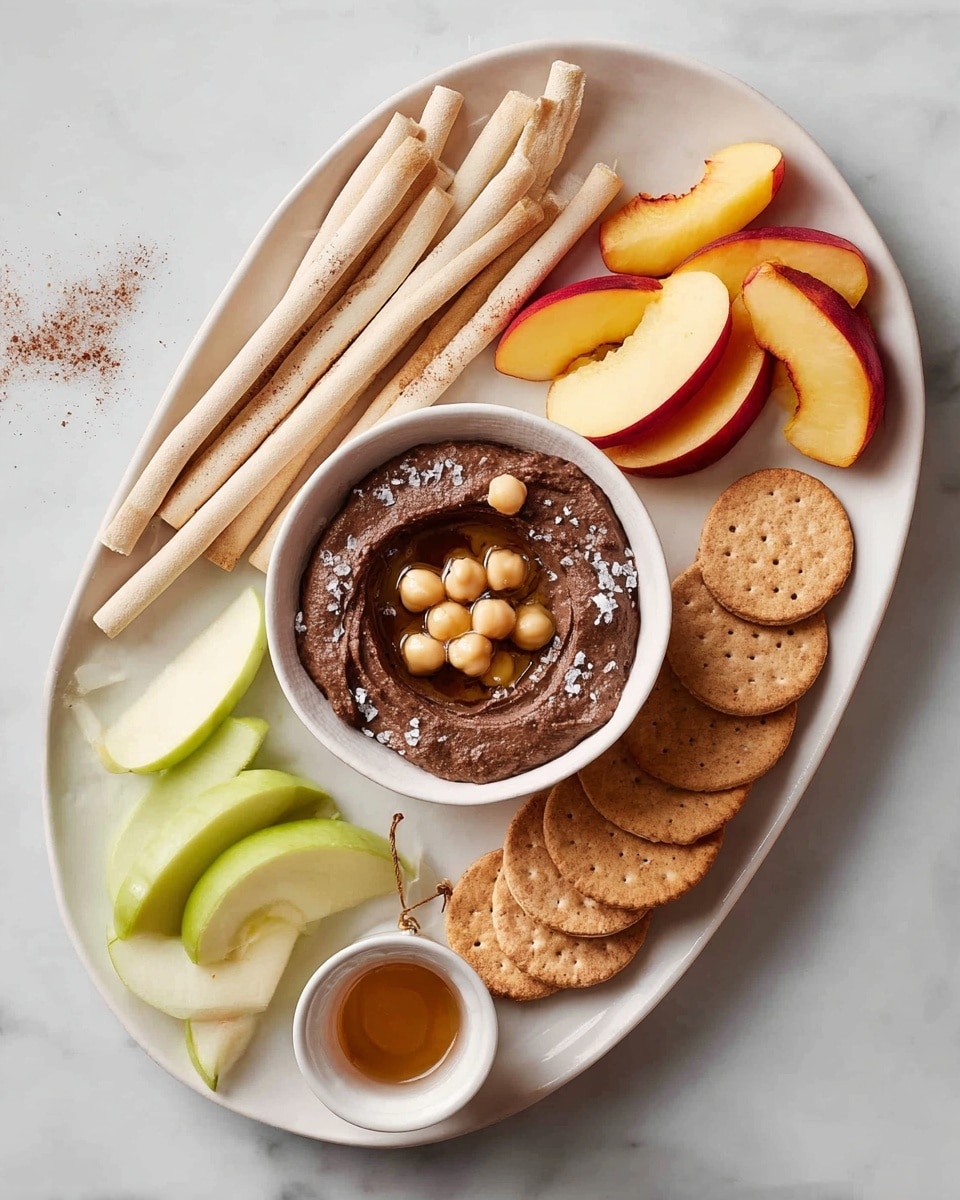 A white oval plate holds several groups of snacks arranged around a small white bowl of dark brown dip topped with whole light brown chickpeas and a drizzle of olive oil with some coarse salt crystals. At the top left of the plate are six crisp beige wafer sticks lined up side by side. To the right of the wafers, sliced red-skinned yellow peaches are fanned out in a small pile. On the left side and right side of the bowl are two piles of round, light brown crackers stacked in a loose row. Below the bowl, thin slices of green apple are arranged in a neat row. A small white cup filled with honey is placed on the lower left edge of the plate. The plate rests on a white marbled surface. photo taken with an iphone --ar 4:5 --v 7