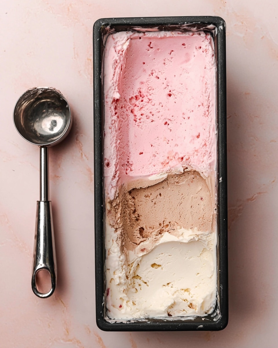 A rectangular black container holds three layers of ice cream, each partially scooped. The top layer is light pink with a smooth, creamy texture and some small specks. Below it is a thin middle layer of light brown, also creamy but mixed slightly with the pink above. The bottom layer is off-white with a soft, creamy texture and some light brown mixed in. To the left of the container, a shiny silver ice cream scoop lies on a white marbled surface with a soft pink tone. photo taken with an iphone --ar 4:5 --v 7