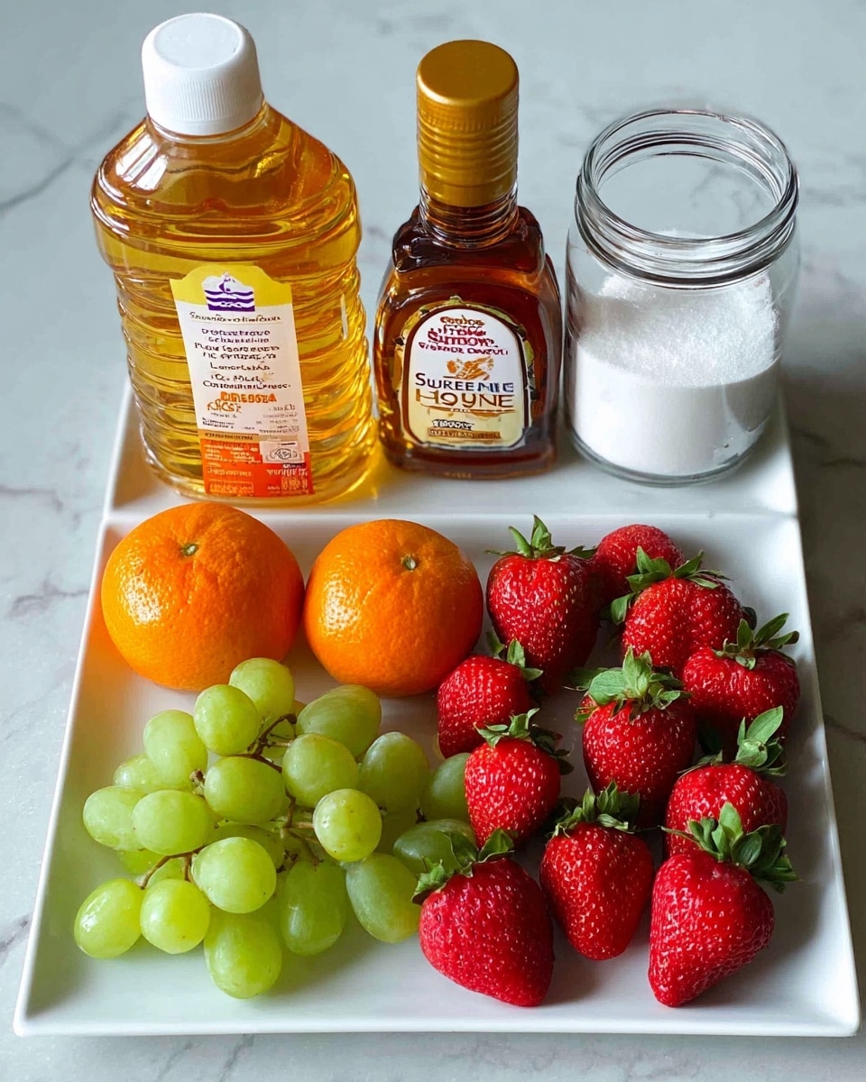 A white rectangular plate on a white marbled surface holds fresh fruit arranged neatly. On the left side, there is a small bunch of green grapes with a shiny, smooth skin. Next to the grapes are two bright orange mandarins with a textured peel. On the right side of the plate, there are eight red strawberries, each with small seeds and green leafy tops. Behind the plate, standing side by side on the white marbled surface, are three containers: a large bottle of golden syrup with a white cap and yellow label on the left, a smaller bottle of dark honey with a golden cap and label in the middle, and a glass jar filled with white sugar on the right. The photo taken with an iphone --ar 4:5 --v 7