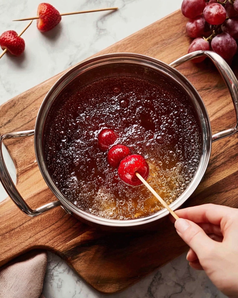 A woman's hand is holding a wooden skewer with two red strawberry halves, dipping them into a bubbling, clear syrup inside a shiny silver pot with two handles. The pot is placed on a wooden board, which sits on a white marbled textured surface. Nearby, there are some red grapes on the bottom right and a few toothpicks with a strawberry on the top left corner of the image. The syrup has many bubbles rising to the surface, showing it is hot and boiling. Photo taken with an iphone --ar 4:5 --v 7