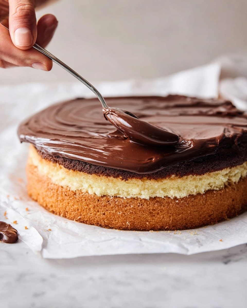 A close-up image of a two-layer cake on white parchment paper, placed on a white marbled surface. The bottom layer is light brown and crumbly, with a creamy beige filling layer in the middle. On top, a dark, shiny chocolate ganache is being spread smoothly with a spoon held by a woman's hand. The rich, thick chocolate layer covers the cake evenly with a glossy texture. Photo taken with an iphone --ar 4:5 --v 7