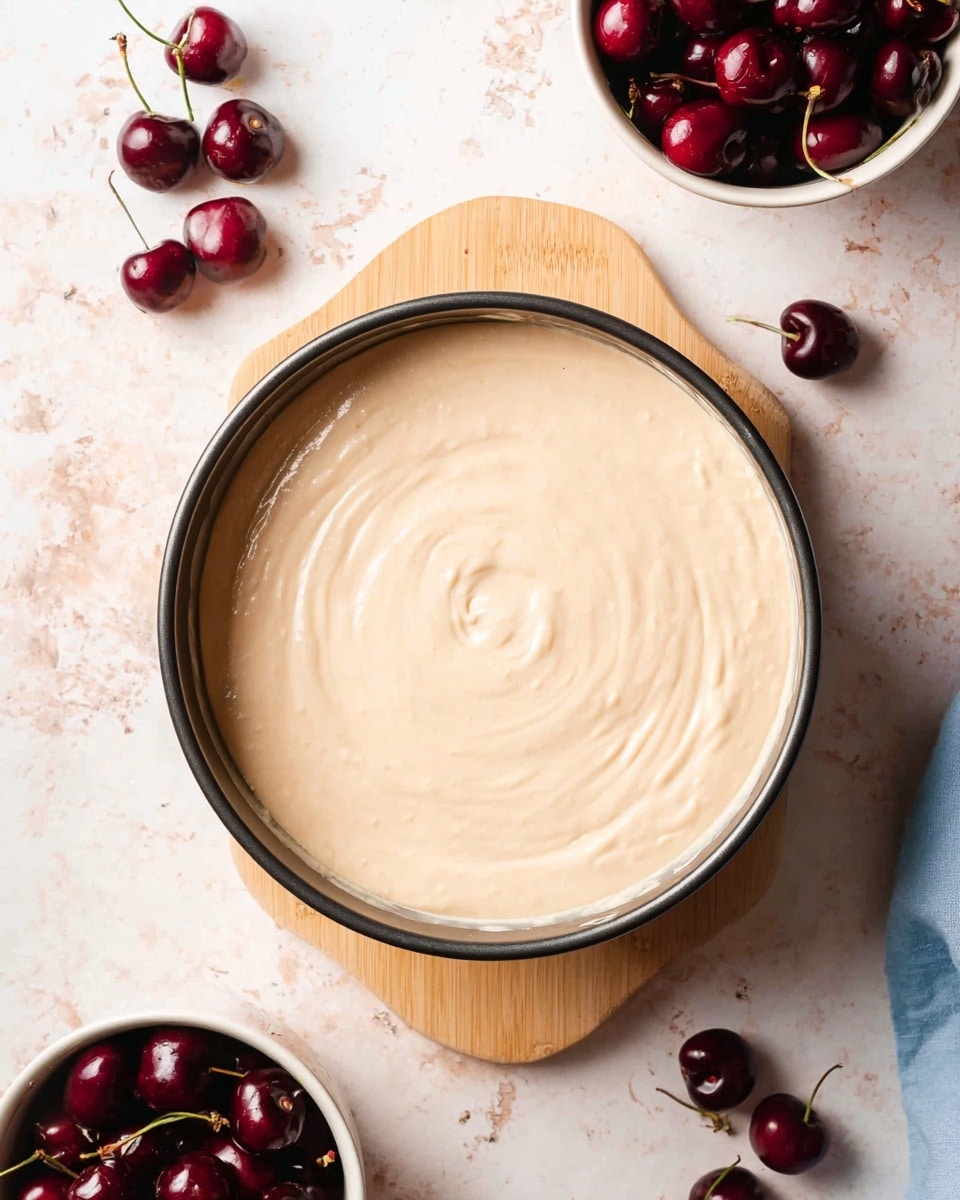 A round springform pan with a smooth, creamy pale beige batter spread evenly inside, showing slight swirls on the surface. The pan is placed on a light wooden board over a white marbled surface. Around the pan, there are two white bowls filled with dark red cherries, some cherries are scattered directly on the white marbled surface. The overall setting has a fresh and clean look, focusing on the creamy batter and the deep red cherries. photo taken with an iphone --ar 4:5 --v 7