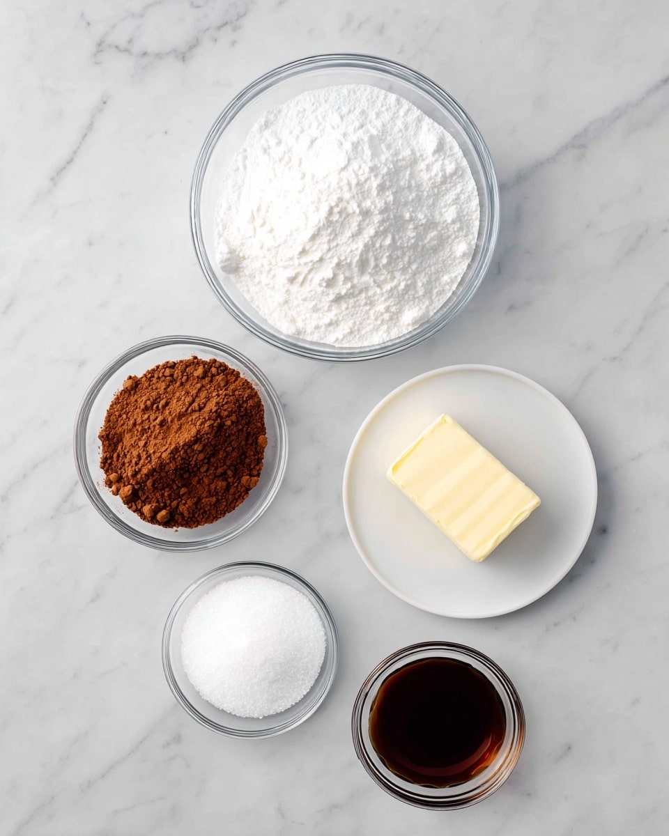 A clear glass bowl filled with white powdered sugar rests at the top center on a white marbled surface; below it to the left is a smaller clear glass bowl holding brown cocoa powder; to the right of the cocoa powder is a white plate with a stick of pale yellow butter; beneath these, at the bottom left, is another clear glass bowl containing white granulated sugar, and to its right, a small clear glass bowl with dark brown vanilla extract; the layout is spaced evenly and neatly arranged photo taken with an iphone --ar 4:5 --v 7