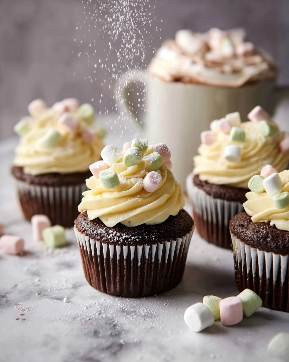 A group of chocolate cupcakes with two layers, each wrapped in dark brown and white paper liners. The top layer has a swirl of smooth pale yellow frosting, decorated with small pastel-colored mini marshmallows in pink, green, and white. Some marshmallows are scattered on the white marbled surface around the cupcakes. In the background, there is a white cup filled with hot chocolate topped with whipped cream and more mini marshmallows. Powdered sugar is being sprinkled over the cupcakes, visible as small white specks falling and resting gently on the frosting and surface. The scene is softly lit, with focus on the central cupcakes, creating a warm and cozy feel. Photo taken with an iphone --ar 4:5 --v 7
