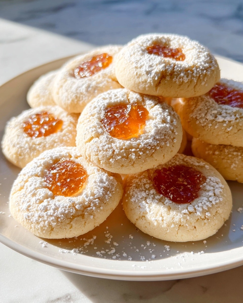 A white plate holds a pile of round thumbprint cookies with a soft, pale yellow dough base. Each cookie has a small, shiny orange jam center that looks sticky and slightly translucent. A light dusting of fine powdered sugar covers the cookies, adding a soft, powdery white layer over the yellow dough and around the jam. The plate sits on a white marbled surface, and soft natural sunlight brightens the cookies, highlighting their texture and the sparkle of the jam. photo taken with an iphone --ar 4:5 --v 7