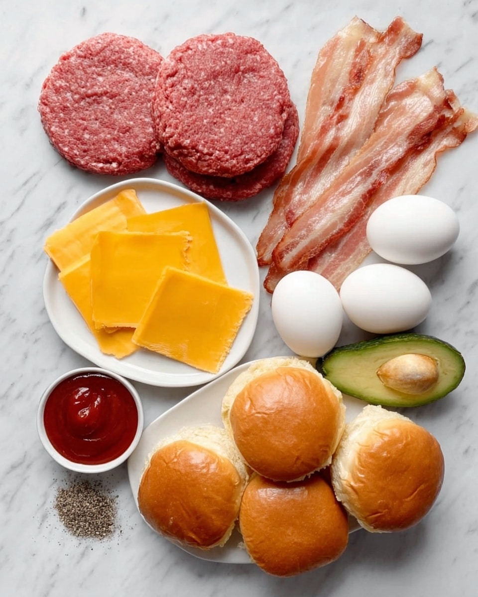 The image shows a white marbled surface with several items arranged on it. There are three raw pink hamburger patties and several strips of raw bacon on a white plate. Next to this plate, there are three white eggs resting directly on the surface. Below the eggs and meat, there are three yellow-orange slices of cheddar cheese placed side by side. In front of the cheese slices, there are four small plain hamburger buns with golden-brown tops arranged neatly. A dark green ripe avocado is placed near the buns. On the bottom left, there is a small white bowl filled with bright red ketchup, and next to it, a small pile of black pepper sits on the white marbled surface. The scene is brightly lit and clean. photo taken with an iphone --ar 4:5 --v 7