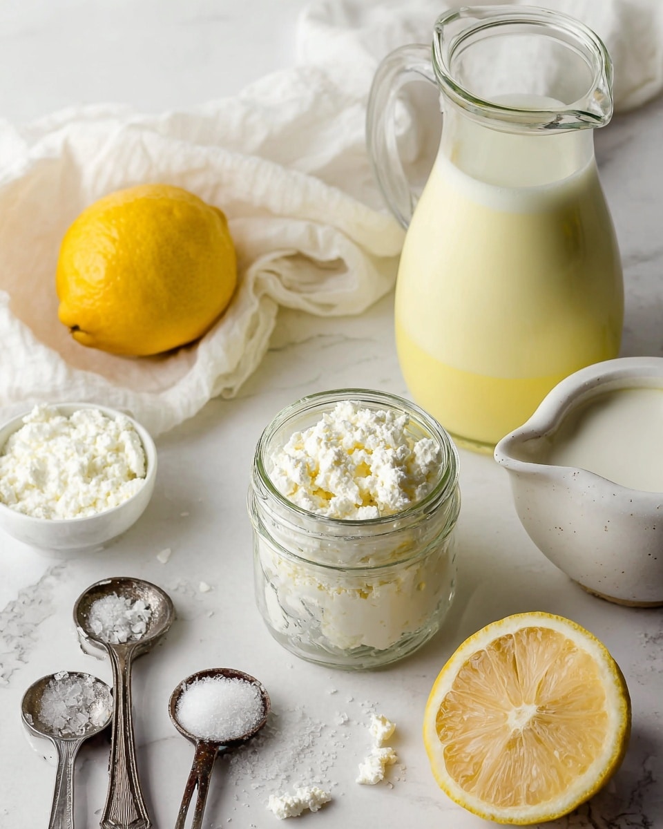 The image shows a white marbled surface with a small glass jar full of white cottage cheese with a crumbly texture as the main focus in the center. Around it, there is a larger glass jar filled with pale yellow liquid, a white pitcher filled with cream on the right, and a partially squeezed, halved yellow lemon at the bottom. A whole lemon sits on the left, next to a white cloth. Also visible are three silver measuring spoons with salt and other ingredients near the bottom left. The overall scene is bright with soft natural light, with everything placed neatly. Photo taken with an iphone --ar 4:5 --v 7