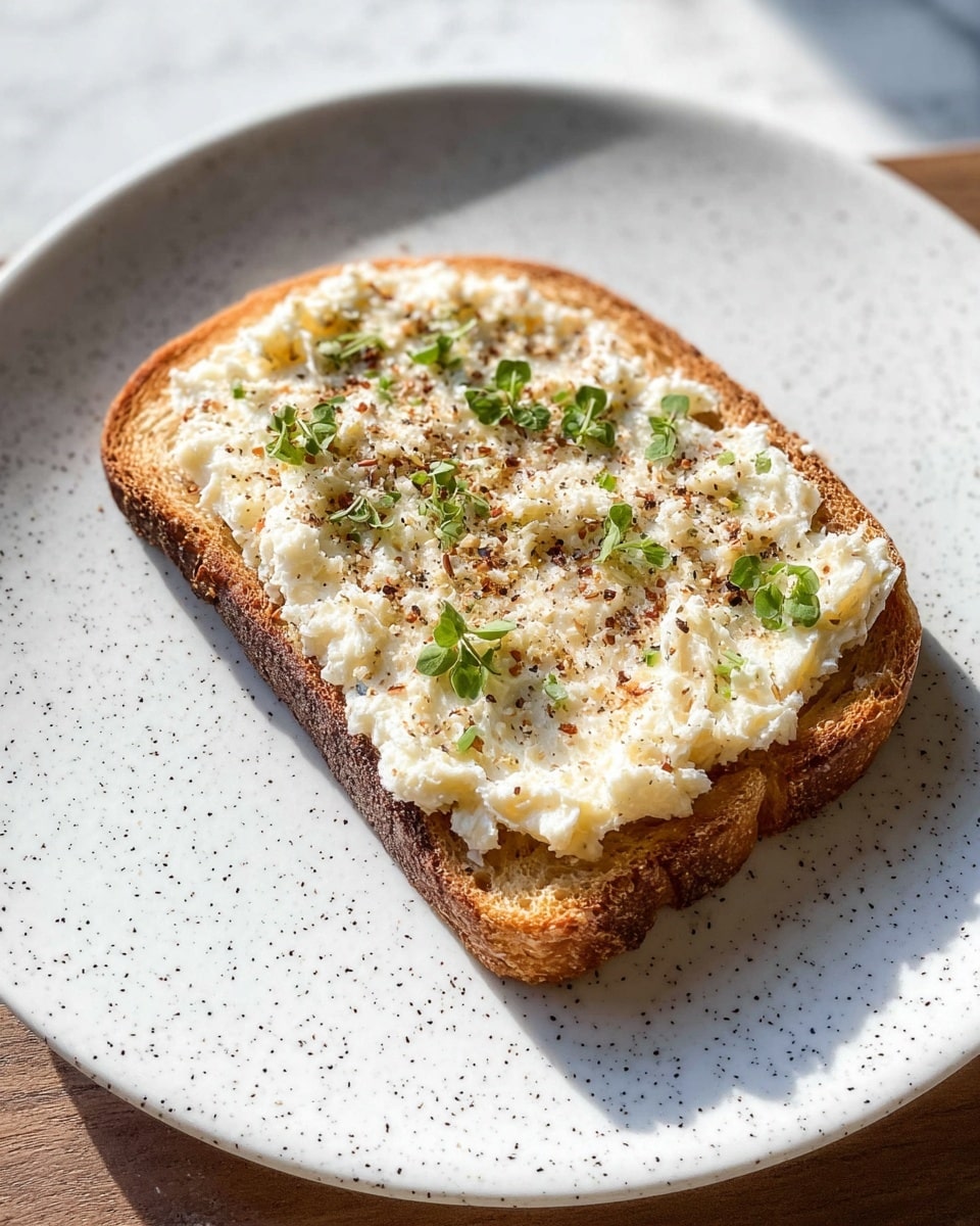 A single slice of toasted bread with a golden-brown crust forms the base layer. On top, a thick, creamy white spread is evenly spread covering most of the surface. Scattered over the creamy layer are small green herb leaves and light brown seasonings that add color and texture. The toast sits on a white plate with small dark speckles, placed on a white marbled surface under warm natural light. photo taken with an iphone --ar 4:5 --v 7