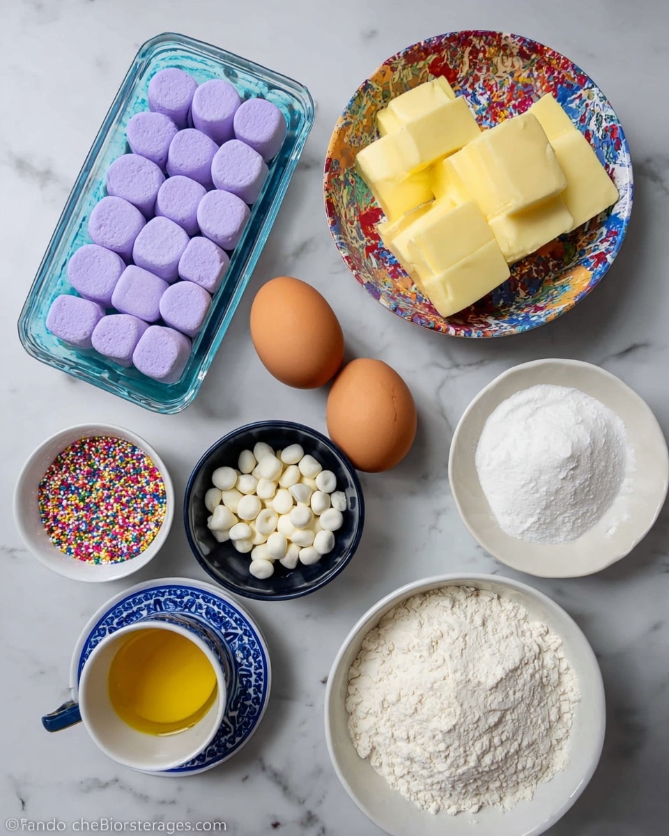 The image shows an overhead view of baking ingredients arranged on a white marbled surface. There is a white bowl filled with white flour at the bottom right, next to a plate with white sugar on the right. Two brown eggs are placed in the center. A colorful small bowl holds several thick slices of yellow butter at the top right. To the left is a rectangular clear container holding purple marshmallows in a neat row. A dark blue bowl below holds small white chocolate chips. On the bottom left, a blue and white saucer holds a small yellow cup with golden vanilla extract and three small piles of white powder, likely baking supplies. A small dish with multicolored round sprinkles is near the top center. All items are spaced over the white marbled texture. Photo taken with an iphone --ar 4:5 --v 7