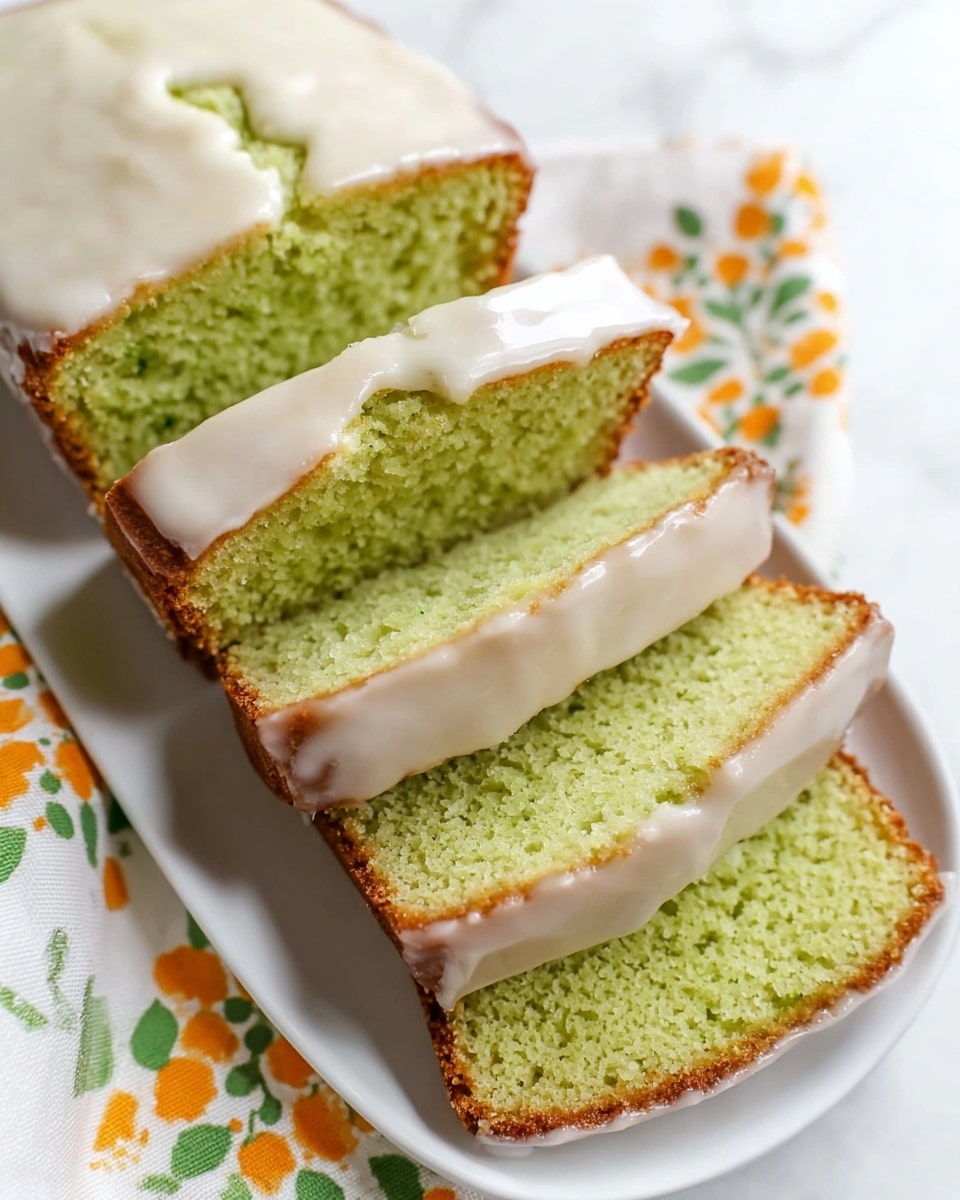 A green cake loaf with four slices cut and laid in a slightly fanned stack on a white plate. The cake has a light brown crust edge and soft, bright green inside with a fine crumb texture. The top of the cake and the sides of each slice are covered with a thick, shiny white icing layer. The plate is set on a white marbled surface with a cloth in the background that has a white base with orange and green floral prints. photo taken with an iphone --ar 4:5 --v 7