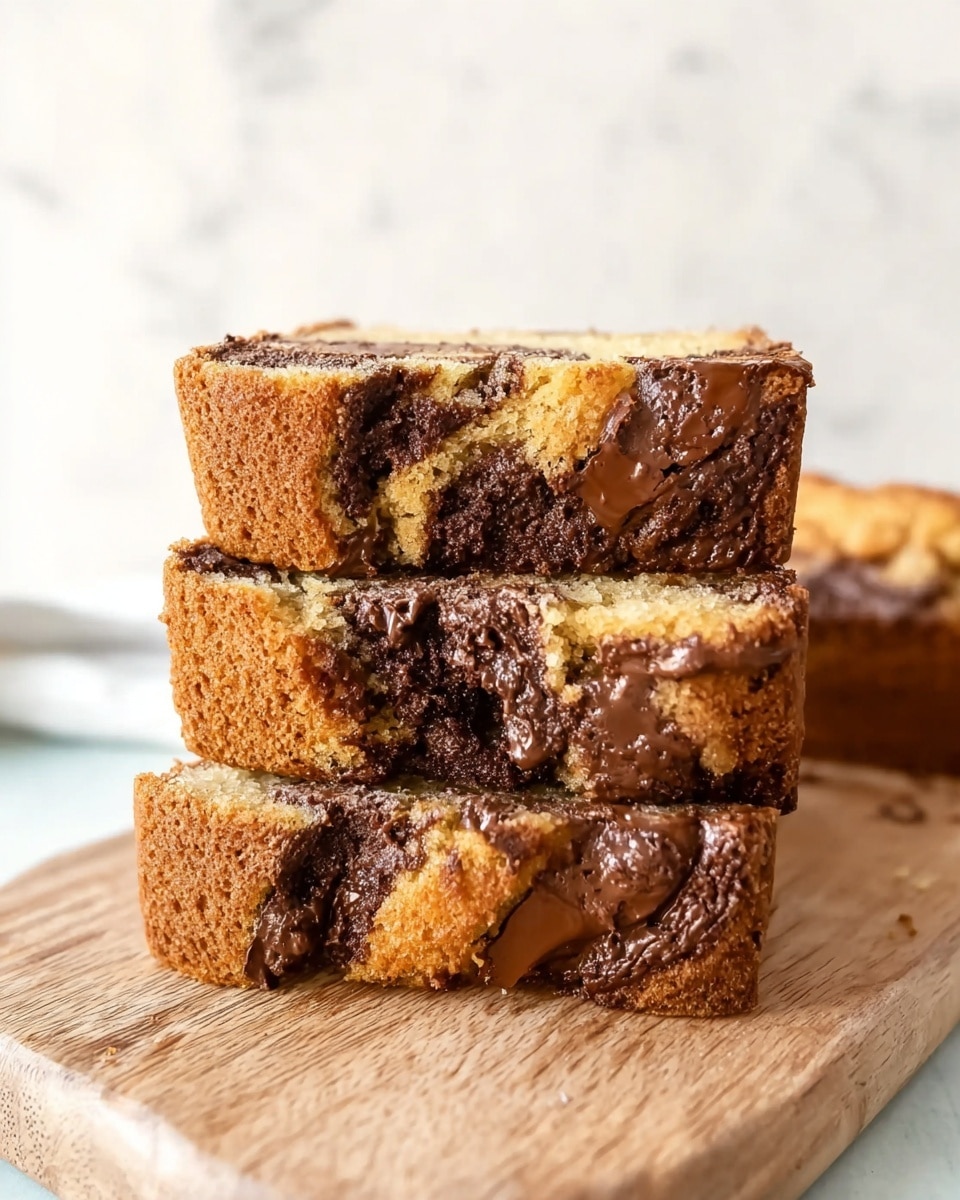 A stack of three thick slices of chocolate chip cake is placed on a wooden board. Each slice shows a golden-brown cake layer with darker, melted chocolate chips swirled inside. The top layer has a slightly crumbly texture, while the sides have cracked and textured brown edges showing the moist inside. The background is a soft, white marbled texture, and the focus is on the rich and dense look of the cake slices. Photo taken with an iphone --ar 4:5 --v 7
