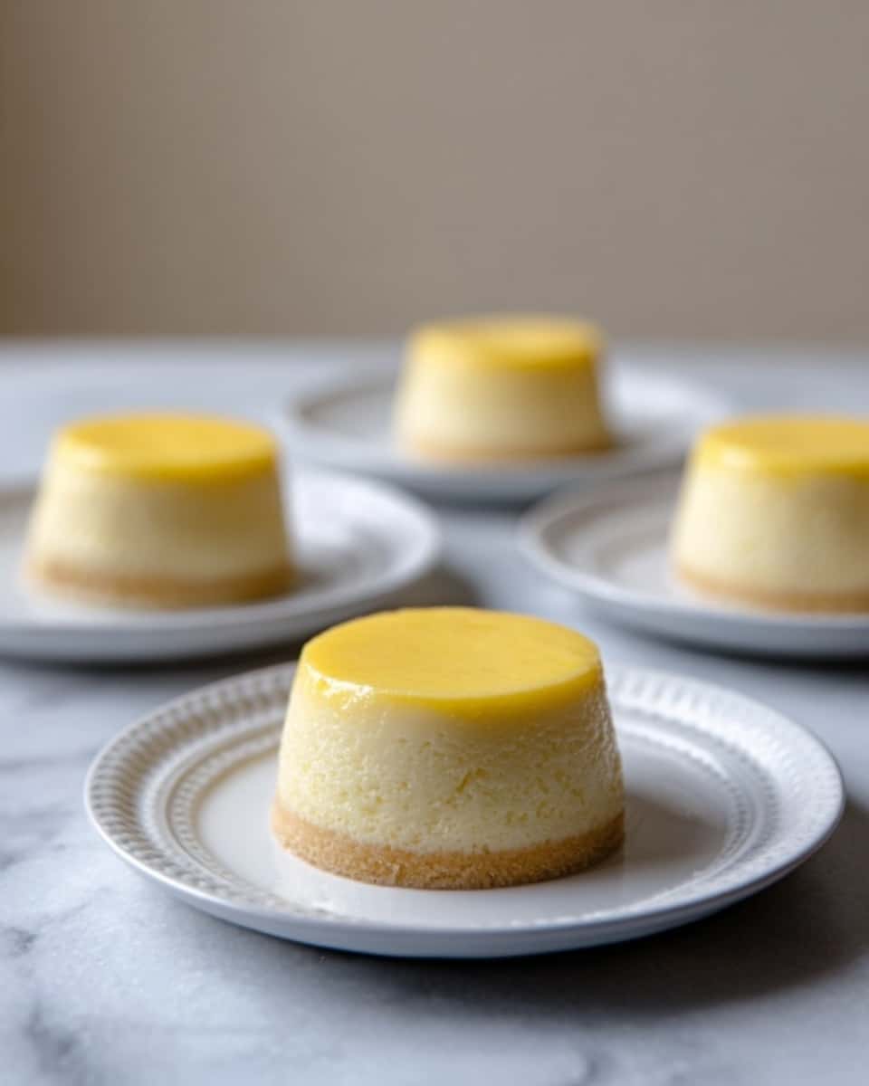 The image shows four small round cakes placed on white plates, each cake having a smooth light yellow top layer with a slightly darker yellow edge. Below the top layer, the cake is pale and creamy with a soft texture. Plates are arranged on a white marbled surface, and the focus is on the closest cake, with the others blurred slightly in the background. In the front right, a woman's hand is reaching to hold the closest plate. photo taken with an iphone --ar 4:5 --v 7