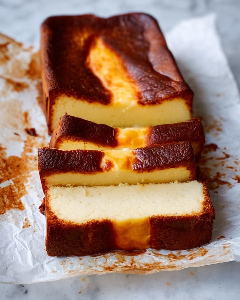 A rectangular cheesecake loaf with a smooth creamy yellow interior is sliced into thick pieces, showing a firm, slightly browned crust on the top and edges. The crust is a dark golden brown, contrasting with the pale yellow center. The loaf rests on slightly crinkled white parchment paper with some browned residue around it. The background is a white marbled texture. photo taken with an iphone --ar 4:5 --v 7