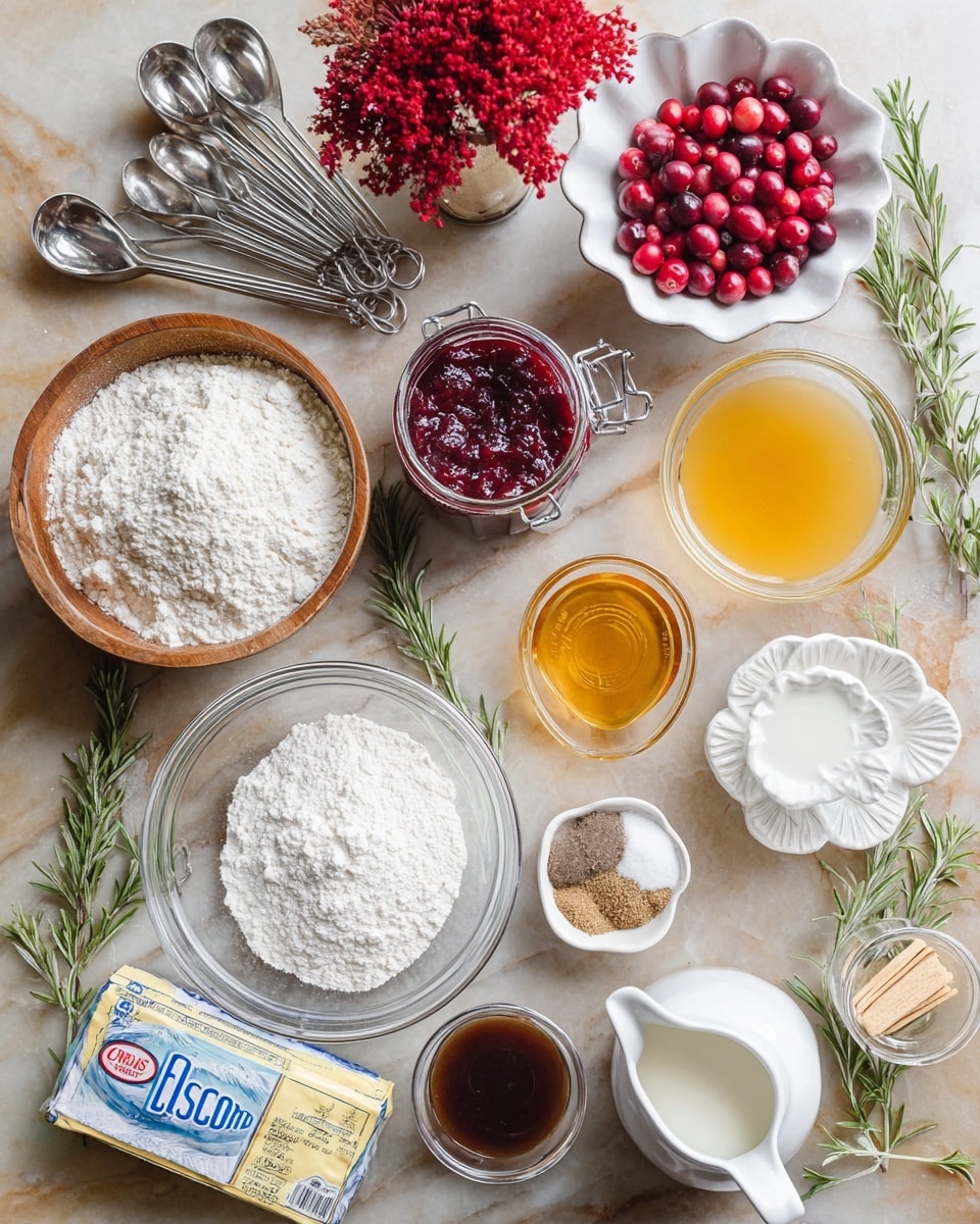 The image shows a flat lay of baking ingredients arranged neatly on a white marbled surface. At the bottom center, there are two clear glass bowls, one filled with white flour and the other with granulated sugar, both showing a soft powdery texture. To the left, a small wooden bowl contains white powder, likely baking powder, next to a set of metal measuring spoons stacked together. Above, a glass jar with a spoon holds deep red jam, while a white scalloped bowl with fresh red cranberries is placed nearby. A clear glass bowl in the center holds golden liquid, likely apple cider or juice, with a small bowl of dark brown liquid (vanilla extract) beside it. To the right, a white small pitcher is filled with milk, a small white flower-shaped dish contains white and brown spices, and metal measuring cups nest together. Two packages of Crisco shortening sticks, one with blue and the other with yellow wrapping, sit in the middle. Sprigs of fresh green rosemary lie around the ingredients, adding a touch of color. In the upper center, a red flower bouquet peeks into the frame. photo taken with an iphone --ar 4:5 --v 7