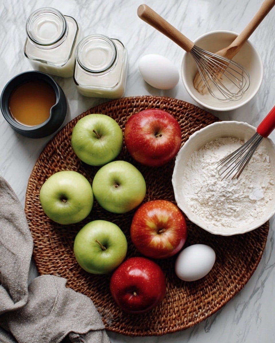 The image shows a round woven tray with a mix of red and green apples placed on a white marbled surface. Nearby, there are two white jars with white lids, a small white bowl containing a light brown liquid, and a white bowl with a red spatula and a wooden whisk inside it. There are also three white eggs and a gray linen cloth next to them, along with a woman's hand holding a dark measuring cup near the small bowl. The whole scene has a clean and fresh look with natural colors. photo taken with an iphone --ar 4:5 --v 7