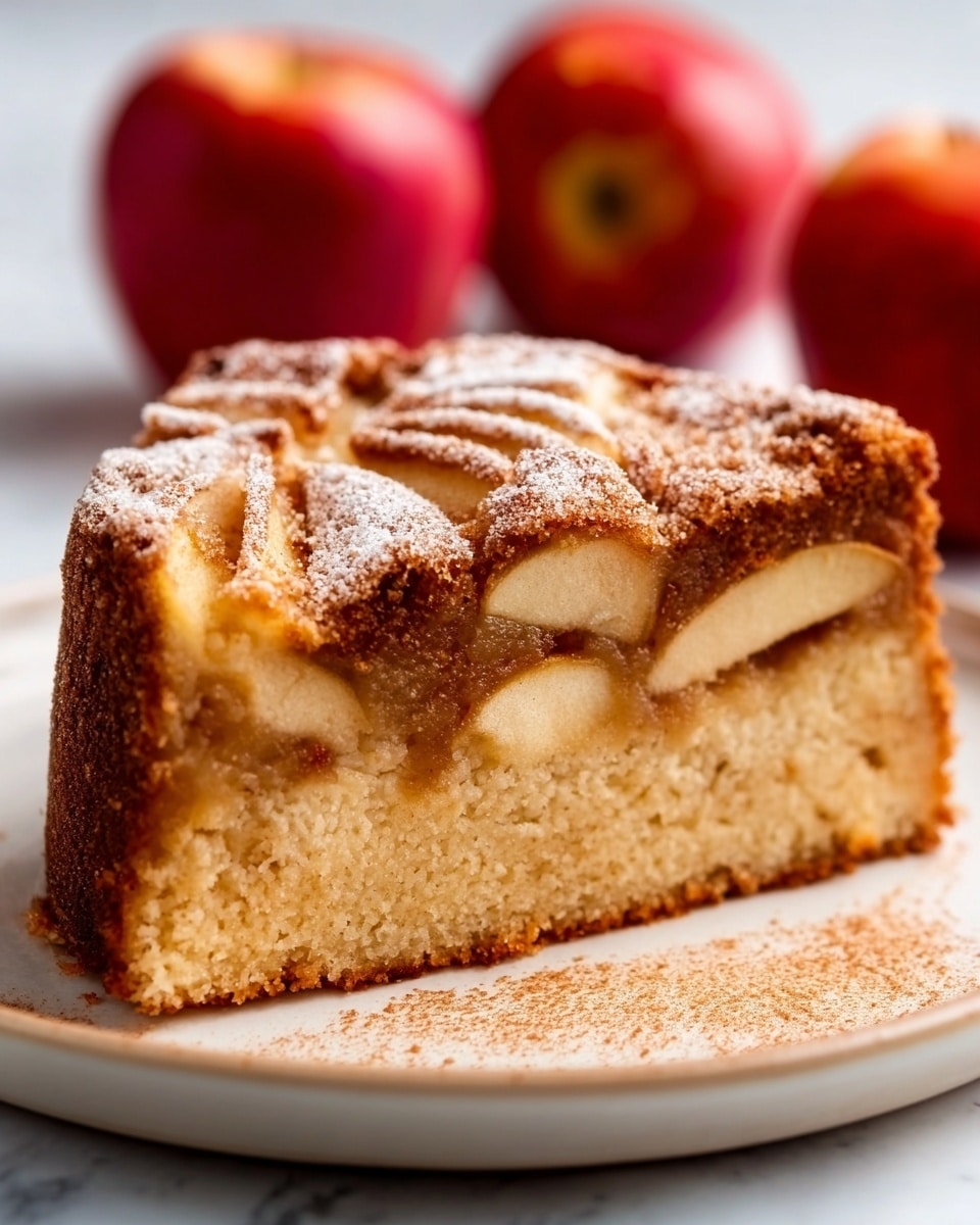 A thick slice of apple cake sits on a white plate, showing three clear layers: the bottom is a dense, light brown cake layer with a soft texture, the middle layer holds slices of cooked apple that are warm light tan and slightly shiny, and the top layer is a darker, crumbly crust with sugar dusted lightly over it. The edges of the cake are raised and browned, and you can see apple slices pressed into the top crust. The plate is placed on a white marbled surface with a couple of whole red apples slightly blurred in the background. photo taken with an iphone --ar 4:5 --v 7