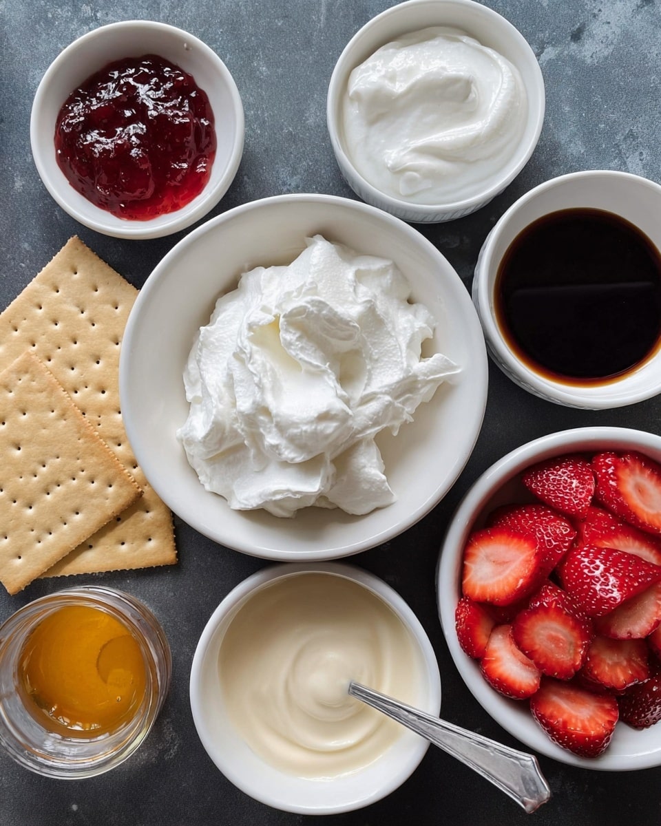 The image shows six white bowls and a few cracker squares arranged on a dark surface that will be changed to white marbled texture. The largest bowl is in the center filled with fluffy white whipped cream, with a soft texture. To the right of it, there is a smaller white bowl filled with bright red sliced strawberries showing their juicy, smooth surface. Below is another medium-sized bowl holding a smooth light cream sauce with a spoon inside. To the left of the biggest bowl, three square beige crackers with small holes and a dry texture lay flat. At the top, there are three small bowls; one with thick white cream, one with shiny dark red jam, and lastly one with a clear golden syrup. There is also a small white bowl holding dark shiny syrup, each item separated on the white marbled background. Photo taken with an iphone --ar 4:5 --v 7