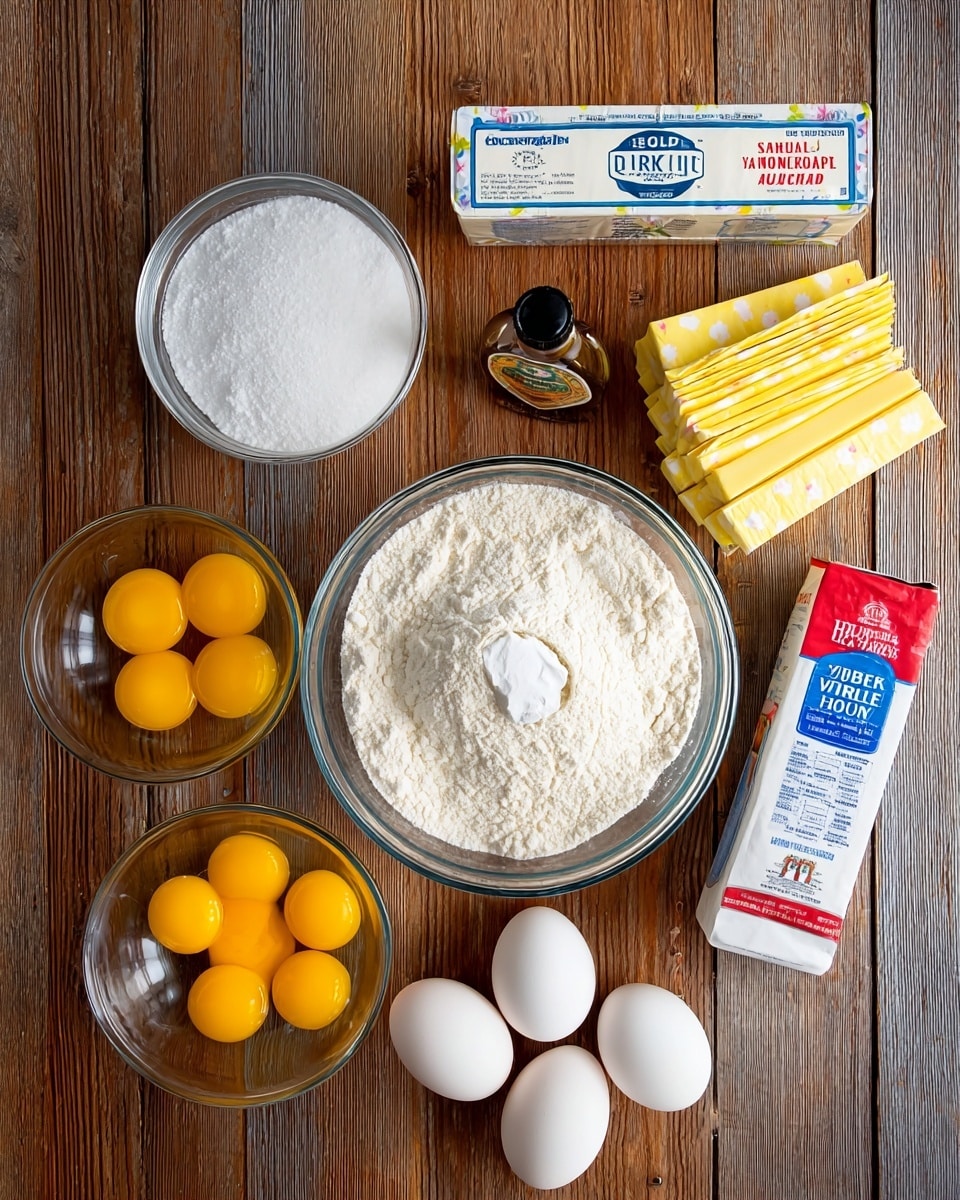 A top view of baking ingredients arranged neatly on a wooden surface, featuring a large clear glass bowl filled with white flour showing a small cracked mound in the center; a white bowl full of white granulated sugar; a small clear glass bowl holding multiple bright yellow egg yolks; two whole white eggs placed side by side; several sticks of butter wrapped in yellow patterned paper stacked in two layers; a white tub of sour cream with a blue and red label; a small bottle of pure almond extract with a brown label; and a red and white carton of pure vanilla extract standing upright, all placed closely together on the surface photo taken with an iphone --ar 4:5 --v 7