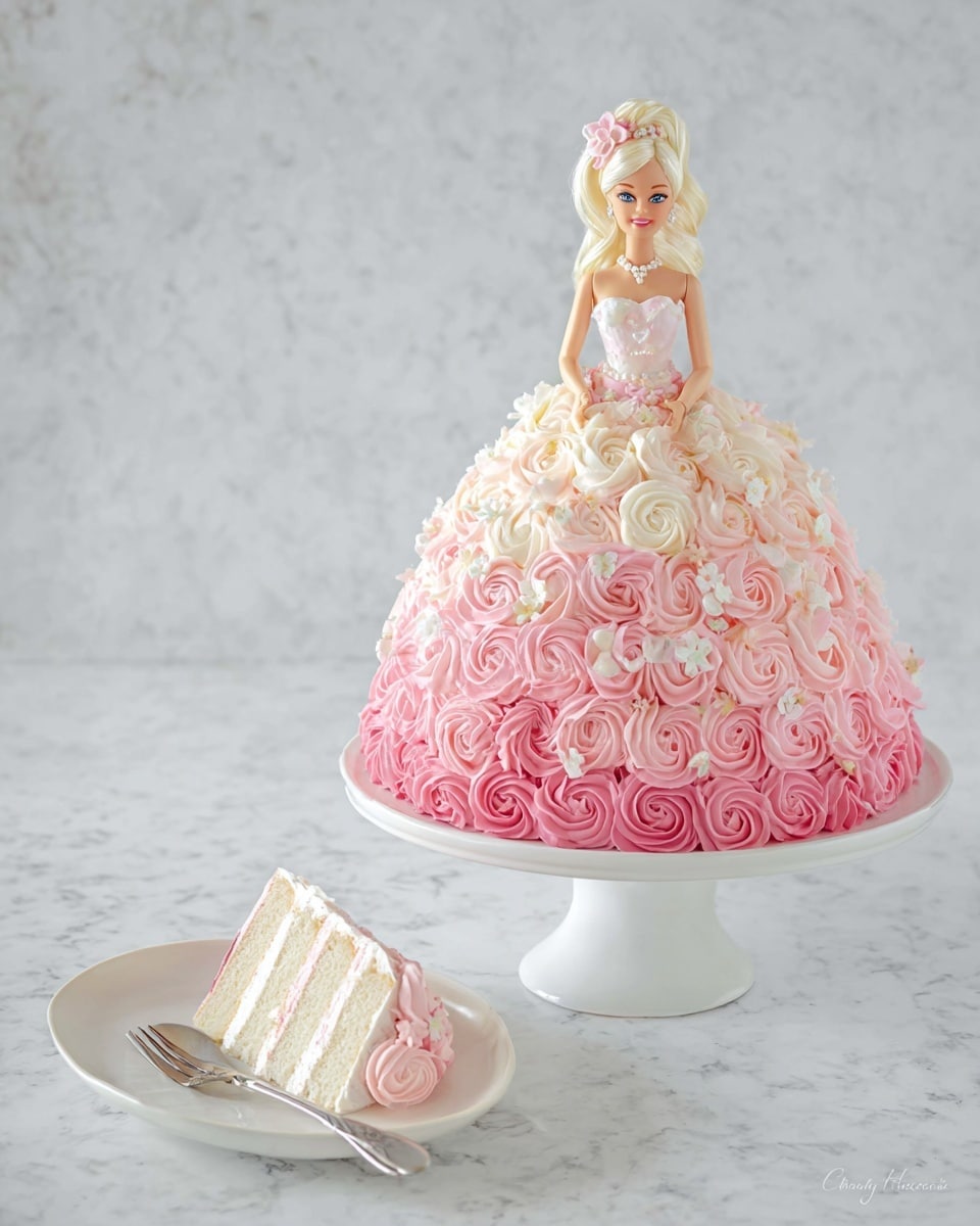 The cake is shaped like a doll wearing a big dress made from pink and white frosting roses, layered in three shades from dark pink at the bottom, light pink in the middle, and very light pink near the top. The doll's upper body is decorated with small white frosting designs that look like flowers, matching a small white flower in her blonde hair and a white necklace. The cake sits on a white cake stand with a smooth surface. In front, a slice of the cake showing three layers of light pink sponge is placed on a white plate with curved edges, with a silver fork resting next to it. The whole scene is set on a white marbled texture background. Photo taken with an iphone --ar 4:5 --v 7