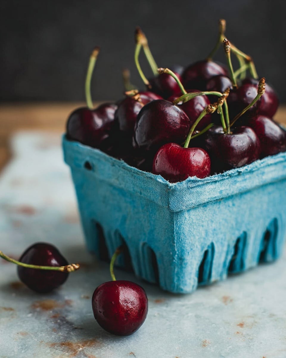A small carton filled with dark red cherries with green stems sits on a white marbled surface. The carton is blue and textured with small holes visible at the bottom edge. Two cherries lie outside the carton on the surface, one near the front and another slightly to the side, showing smooth and shiny skin with a fresh look. The background is dark and blurred, making the cherries and carton the clear focus of the image. photo taken with an iphone --ar 4:5 --v 7