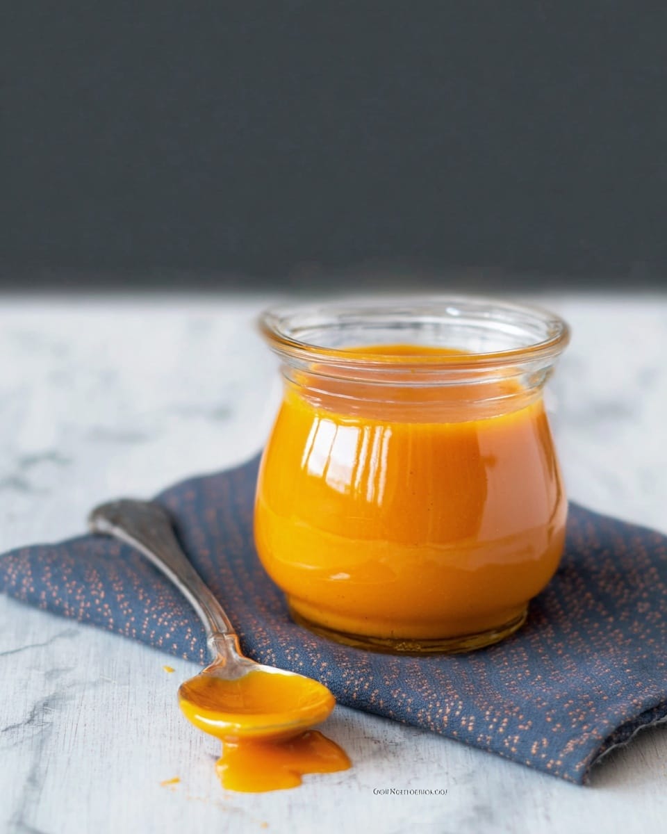 A clear glass jar filled with smooth, bright orange sauce sits on a folded dark blue cloth that has a subtle pattern. Next to the jar, a silver spoon with some of the orange sauce spilling off it lies on a white marbled surface. The sauce inside the jar looks thick but creamy and the reflection on the jar shows soft light. The background is dark and plain, making the orange sauce stand out. photo taken with an iphone --ar 4:5 --v 7