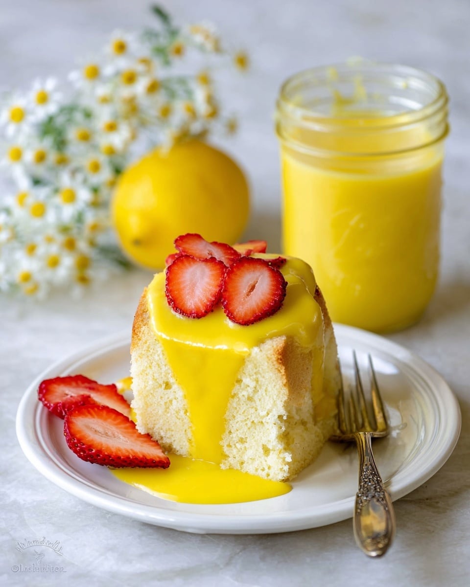 A white plate holds two thick slices of light, fluffy cake stacked slightly off-center, topped with a bright yellow sauce that flows down the sides and pools on the plate. On top of the sauce are three thin, round slices of fresh red strawberries with visible seeds and texture. To the right of the plate is a small, vintage silver fork resting on the white marbled surface. In the background, a clear glass jar filled with the same yellow sauce sits next to a whole bright yellow lemon and small white flowers with yellow centers, softly blurred for depth. Photo taken with an iphone --ar 4:5 --v 7