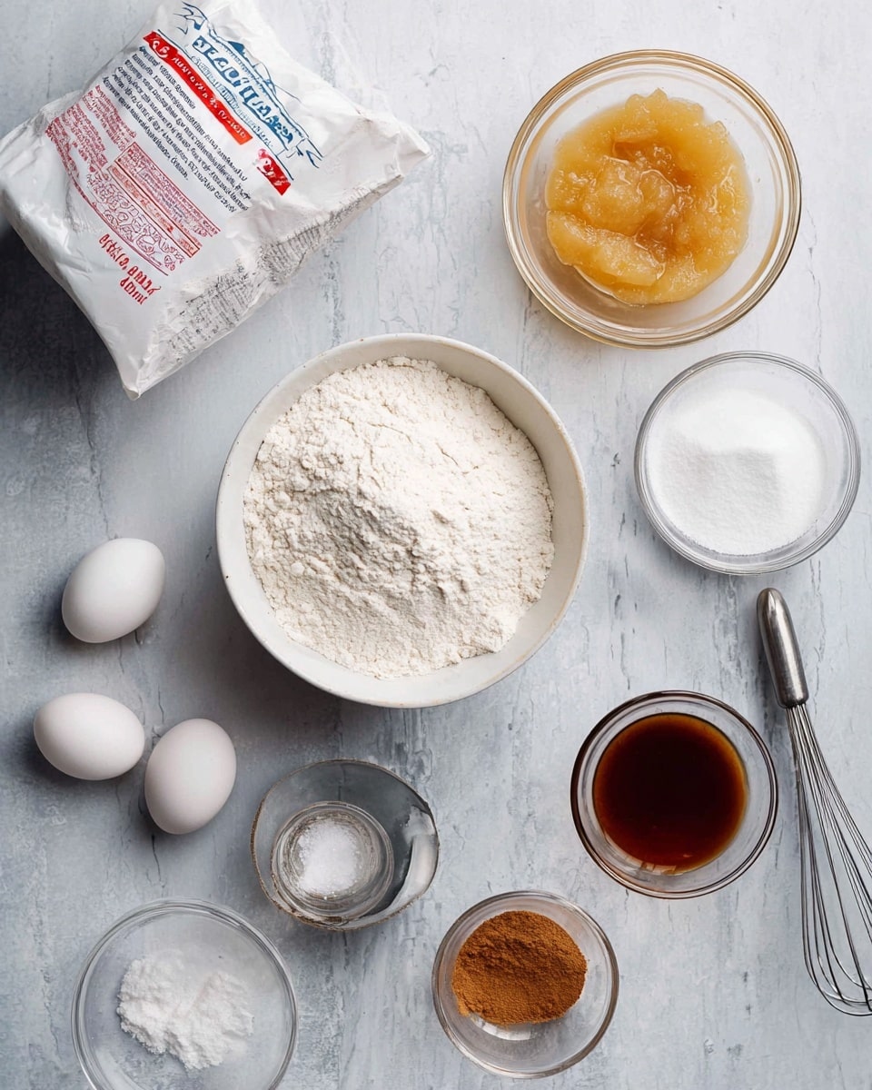 The image shows several baking ingredients arranged on a white marbled surface. In the center, there is a white bowl filled with white flour. Above it to the right, there is a glass bowl with a yellowish apple sauce. Below the white bowl, a metal cup is filled with white sugar. To the lower right, there is a small clear bowl with brown cinnamon, white baking powder, and white salt. Next to it is a glass bowl filled with a brown liquid, likely vanilla extract. To the left of the flour bowl, two white eggs lie next to a metal whisk. At the top left corner, a white flour bag with red, white, and blue labeling is partially open, showing more flour inside. Photo taken with an iphone --ar 4:5 --v 7
