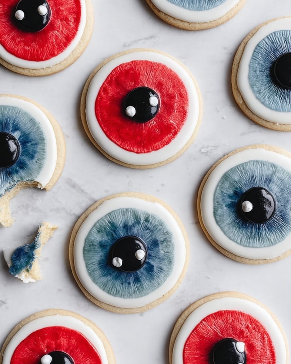 A group of round sugar cookies on a white marbled surface, each cookie has three layers: the bottom layer is a light tan cookie, the middle layer is smooth white icing covering the cookie, and the top layer is a colored icing circle shaped like an eye; the iris alternates between red and blue with a painted texture, and the pupil is a glossy black circle placed in the center with small white highlights to add shine; the cookies vary in size and one cookie has a small bite taken out of it photo taken with an iphone --ar 4:5 --v 7