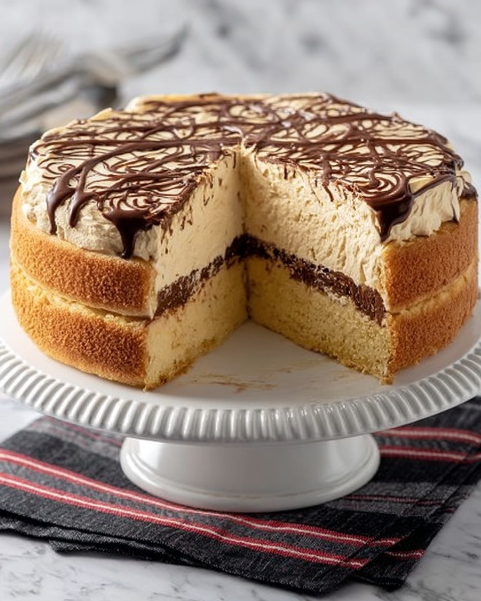 A tall dessert with three visible layers sits on a white cake stand with ridged edges. The top and bottom layers are thick, golden brown cakes with a soft, slightly crumbly texture. The middle layer is a thick, light beige cream that looks smooth and fluffy. The top cake layer has a glossy dark brown chocolate drizzle swirled in thin lines across the whole surface. A large slice has been taken out, showing the clear separation between each layer. The background is a white marbled surface with a soft focus. Photo taken with an iphone --ar 4:5 --v 7