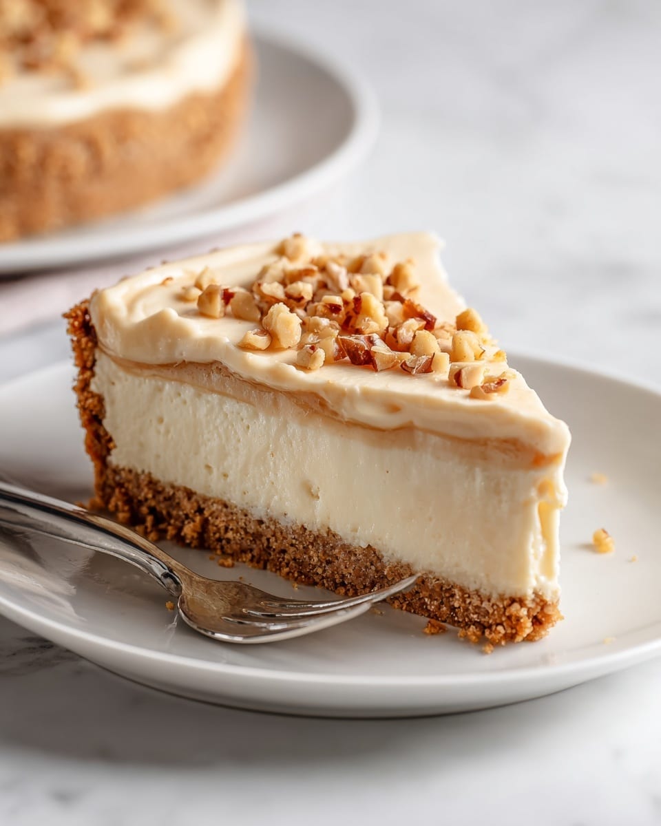 A slice of pie with two visible layers sits on a white plate. The bottom layer is a crumbly crust, light brown in color. The thick top layer is a smooth, creamy beige filling. On the cream, there are small pieces of chopped nuts scattered, adding texture. A silver fork rests next to the slice on the plate. The background is a white marbled texture. photo taken with an iphone --ar 4:5 --v 7