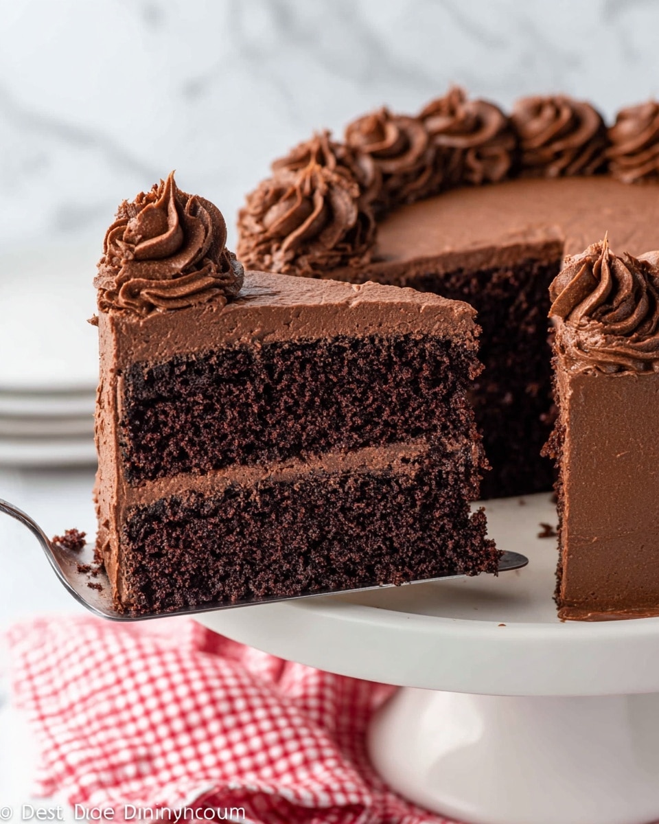 This image shows a two-layer chocolate cake on a white cake stand with a white marbled surface beneath. The bottom and top layers are dark, moist chocolate cake with a thick, smooth milk chocolate frosting layer between them. The entire cake is covered with the same smooth, rich chocolate frosting, with four dollops of piped frosting evenly spaced on top. The frosting has a creamy texture with soft, swirled peaks. A pie server is lifting a slice of cake from the stand, showing the even thickness of each layer. A red and white checkered cloth is partly visible underneath the cake stand. photo taken with an iphone --ar 4:5 --v 7