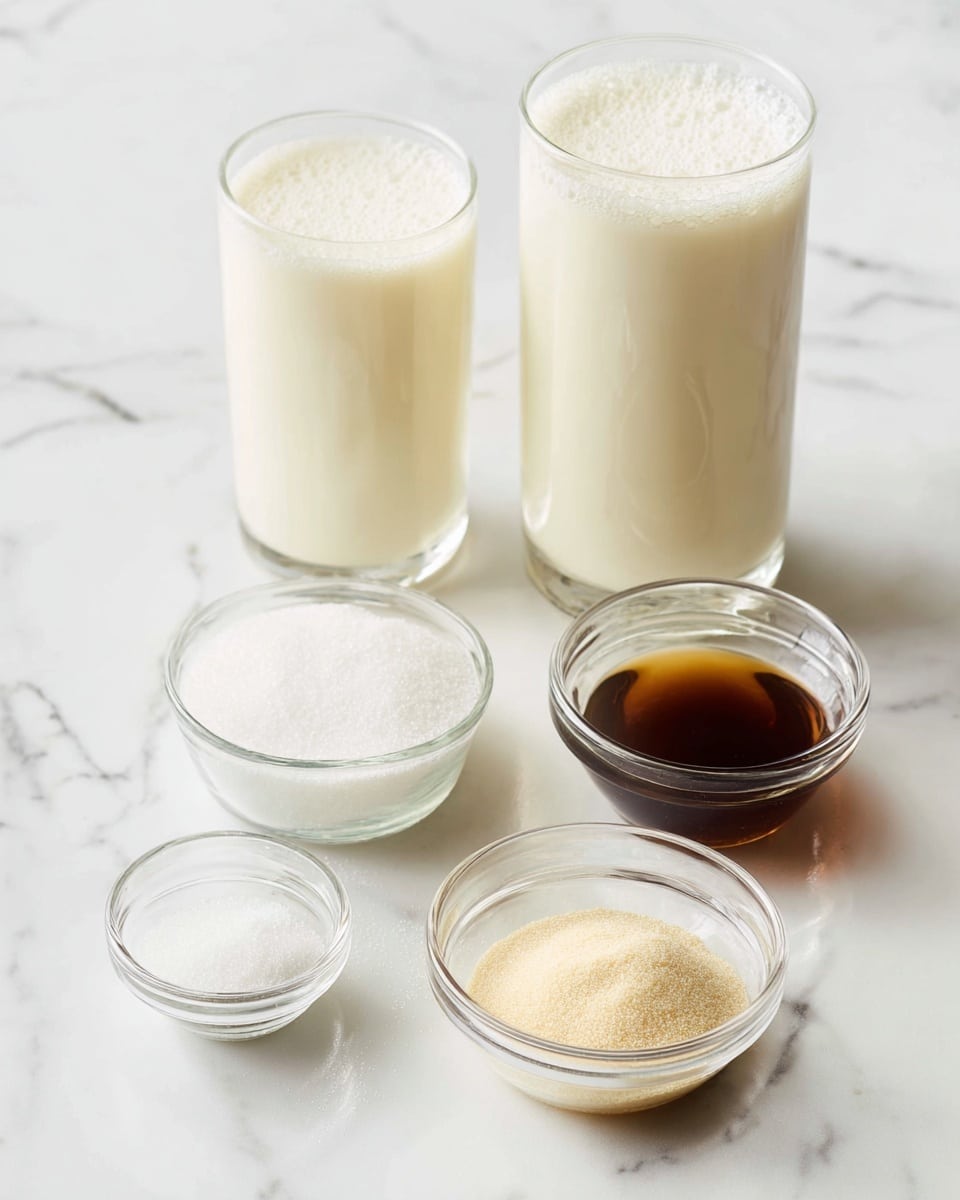 The image shows five clear glass containers arranged on a white marbled surface. There are two tall glasses at the back, both filled with creamy white liquid, frothy on the top. In front of these glasses, there are three small glass bowls: one filled with white granulated sugar, another with a light beige powder, and the last with a dark brown liquid. The clear glass and the white marbled background create a clean and simple look. photo taken with an iphone --ar 4:5 --v 7