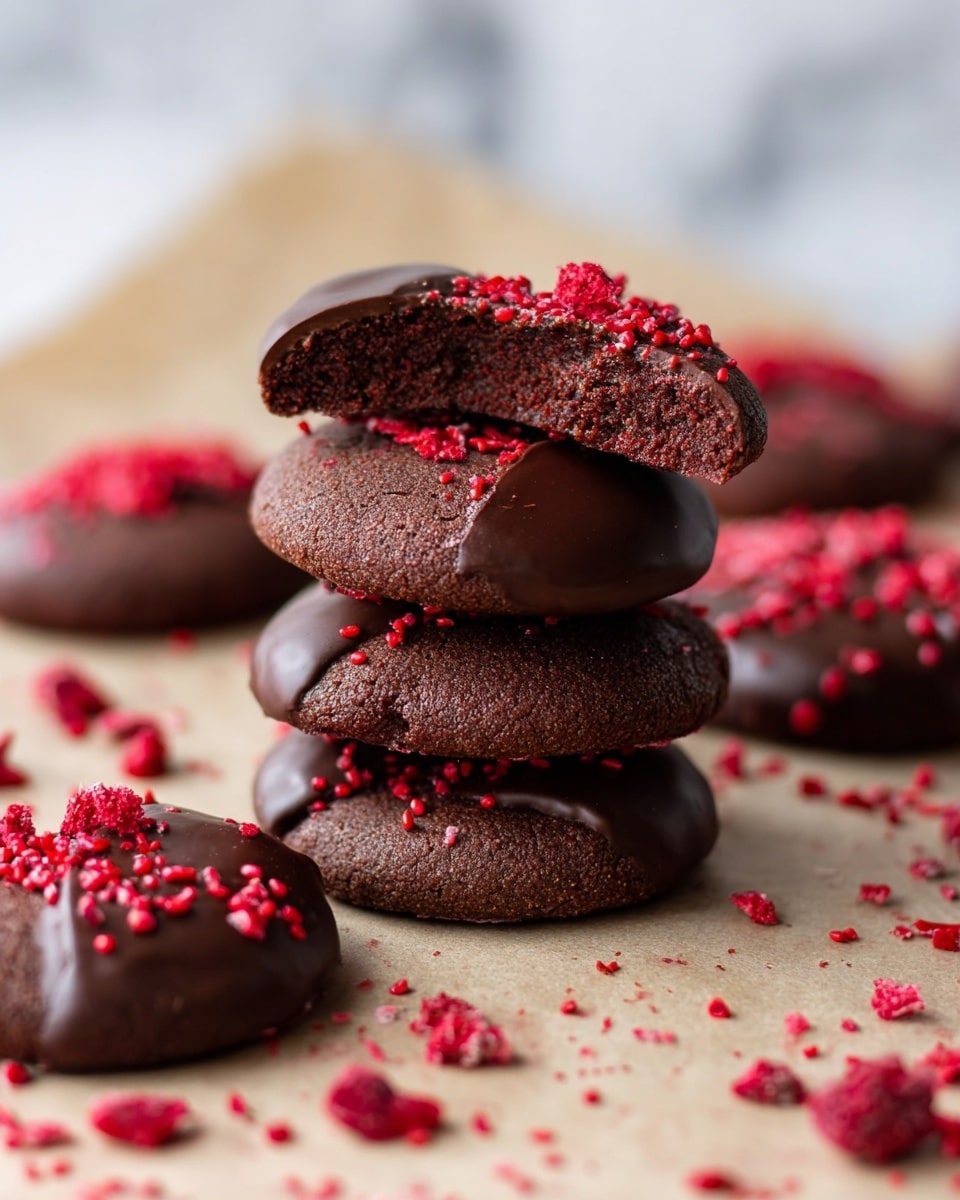 A stack of four round dark chocolate cookies sits on a beige paper-lined surface with a white marbled texture in the background. The top two cookies are half-dipped in smooth chocolate, each sprinkled with bright red crushed bits. Around the stack, more cookies lie flat, some fully covered in chocolate with red sprinkles, and one cookie in the foreground is bitten into, showing a soft texture inside. Bright red crumbs are scattered across the surface, adding a colorful contrast to the deep brown cookies. Photo taken with an iphone --ar 4:5 --v 7
