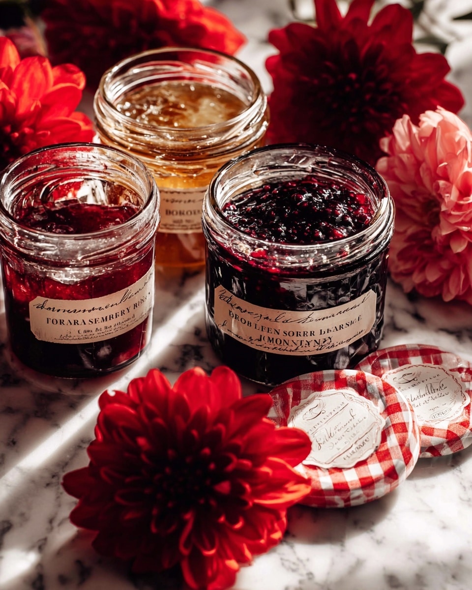 The image shows three open jars of jam arranged closely on a white marbled surface. The jar in the front contains dark red raspberry jam with a beige label and black text. To its right, there is a jar with a rich purple blackberry jam, also with a white label and black text. Behind these two jars is a third jar with a lighter, golden color jam. In the foreground, near the front jar, there are two lids with a red and white checkered pattern placed flat on the surface. Around the jars are bright red flowers with many petals, providing a vibrant contrast to the jams and white marbled surface. The lighting is warm and natural, highlighting the textures of the jams and the softness of the flowers photo taken with an iphone --ar 4:5 --v 7