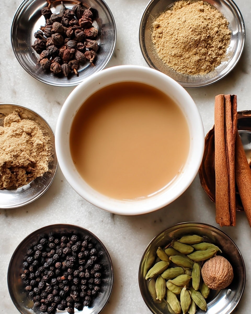 A white cup filled with light brown tea sits in the center on a white marbled surface. Around the cup are six small shiny silver plates arranged in a circle. Starting from the top and moving clockwise, one plate has dark brown whole cloves, the next has a pile of light brown powder with a crumbly texture, next is a plate holding a single cinnamon stick, then a plate with black peppercorns, another plate with green cardamom pods, and finally a plate with a single whole nutmeg. The composition is neat and balanced, showcasing the tea and its spices clearly. photo taken with an iphone --ar 4:5 --v 7