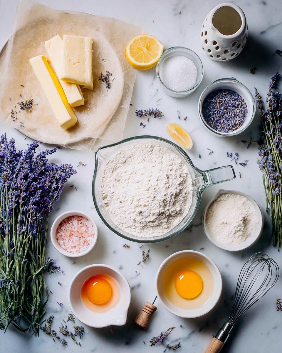 The image shows a flat lay of baking ingredients arranged on a white marbled surface. In the center, there is a clear glass measuring cup filled with white flour, and below it is another small measuring cup filled with white powdered sugar. To the top right of the flour, there is a small white cup holding granulated sugar, and to its right is another small white cup filled with dried lavender flowers. Below these, there is a small white cup holding a bright orange egg yolk, and next to it is a small white cup with pink salt sprinkled and a tiny wooden spoon inside. At the bottom right, there is a small white bowl with a whisk nearby. At the top left, a white speckled plate holds two pale yellow butter sticks partially unwrapped, with a small knife resting on the plate. To the left, a beige paper sheet holds sprigs of purple lavender and green rosemary, alongside a small white bowl with two lemon wedges and another small bowl with bright yellow lemon zest. Some loose lavender flowers are scattered around, and a metal citrus juicer sits at the top left corner. A white ceramic vase with holes holds more lavender sprigs at the top right. Photo taken with an iphone --ar 4:5 --v 7