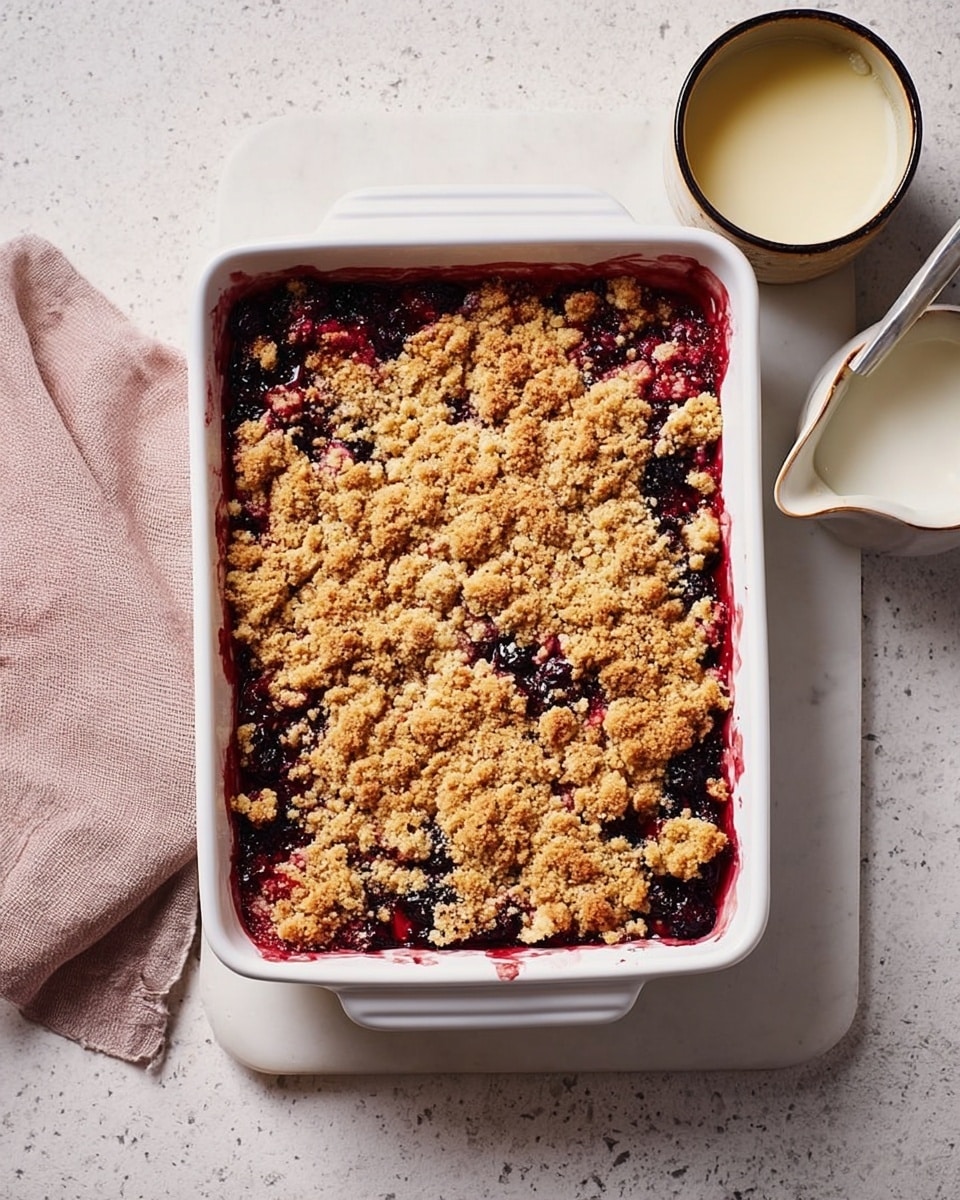 The image shows a white rectangular baking dish with a fruit crumble inside. The bottom layer is made up of deep red and purple mixed berries, visible through the uneven, golden brown crumbly topping that covers the dish. The crumble layer has a rough, crumbly texture and is spread unevenly, allowing the dark fruit filling to peek through in different spots. The dish is placed on a white marbled surface with a pale pink cloth beside it, a small bowl of cream above, and a white jug with a dark rim on the right. Photo taken with an iphone --ar 4:5 --v 7
