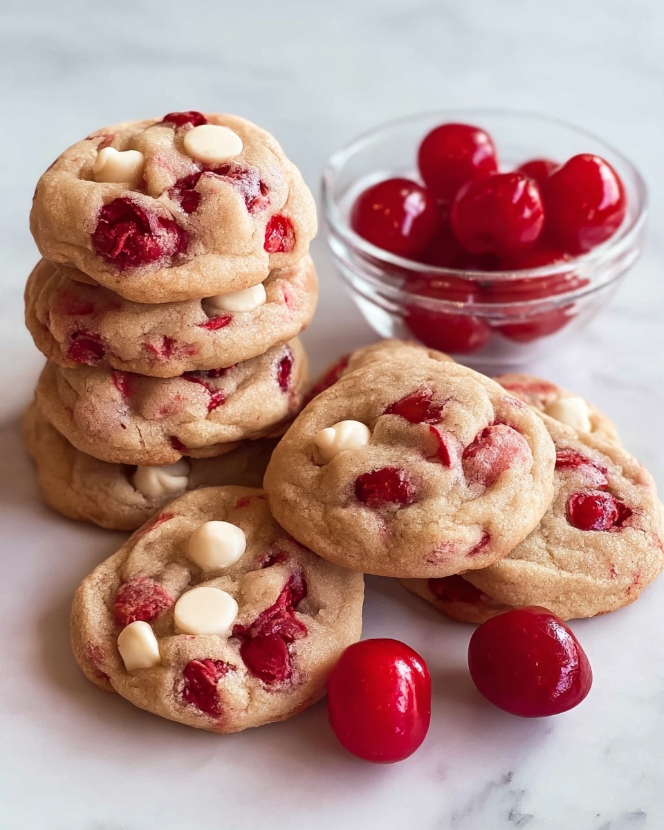 A pile of soft, light brown cookies with visible pieces of bright red cherries and creamy white chocolate chips is placed on a white marbled surface. Next to the cookies, there is a small clear glass bowl filled with shiny, whole red cherries. The cookies have a slightly cracked texture on top, showing the spread of cherry pieces and white chocolate chips inside, creating a mix of red, white, and light brown colors throughout the stack. The overall look is warm and inviting, with the cookies layered unevenly and overlapping each other. photo taken with an iphone --ar 4:5 --v 7