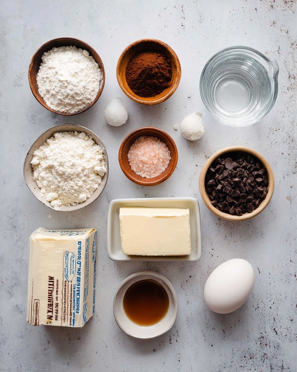The image shows various baking ingredients arranged neatly on a white marbled surface. There are eleven small bowls and containers placed in rows: one has white flour, one has brown sugar with a crumbly texture, another has dark cocoa powder with a soft texture, and one holds shiny dark chocolate chips. A wooden bowl contains a pinch of salt, and another wooden bowl has light pink salt. A small glass container has light amber liquid, likely vanilla extract, while a small white square container features a pale golden liquid, possibly honey. Near the center lies a block of cream cheese wrapped in its original packaging, and to the right is one whole white egg. A clear glass measuring cup filled with water is at the top right. The overall look is clean and orderly, with a soft natural light. photo taken with an iphone --ar 4:5 --v 7