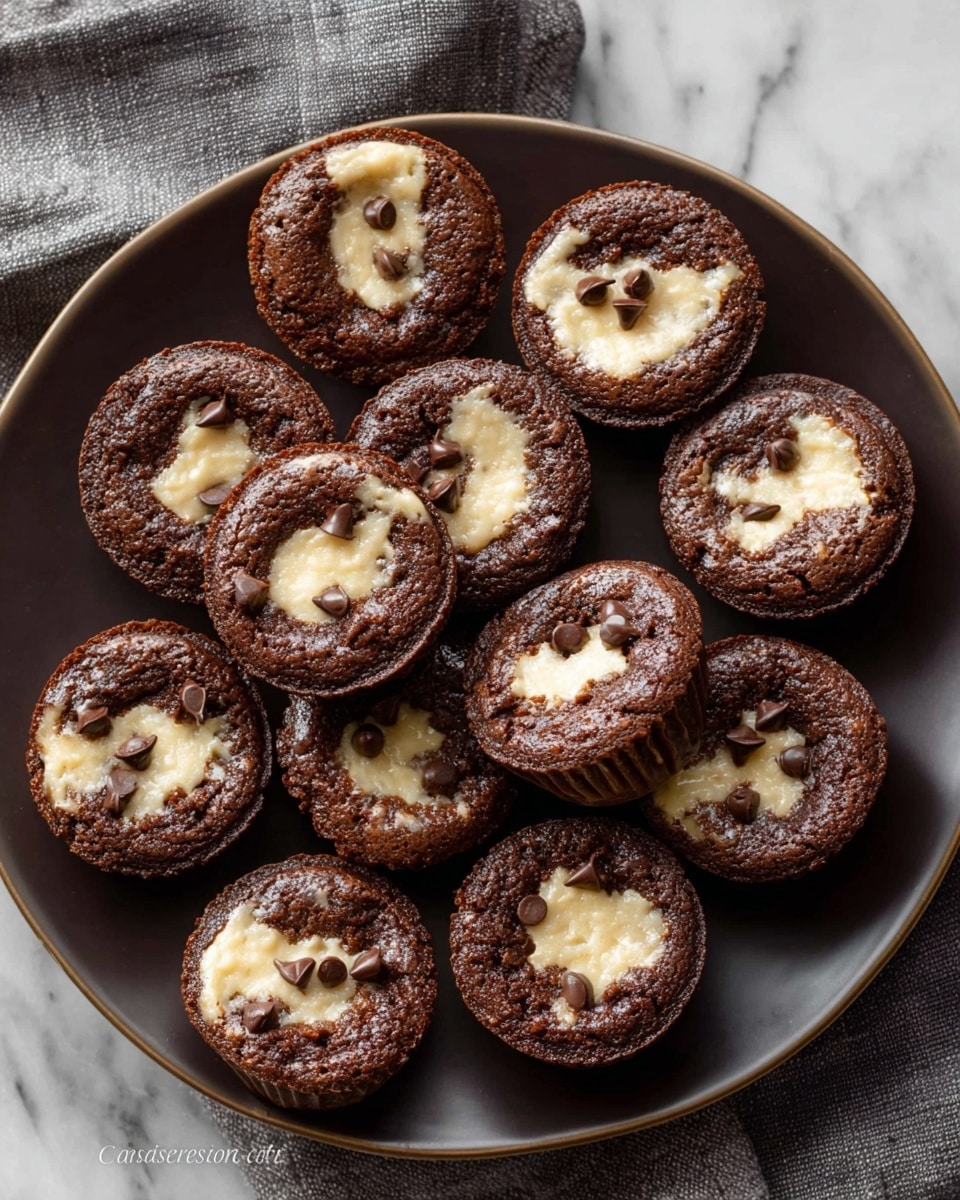 A dark brown round plate holds about sixteen small, round chocolate cupcakes arranged closely together. Each cupcake has a textured, slightly rough top with a cream-colored center showing a marbled mix of cream and small chocolate chips. The cupcakes are all similar in size and shape, with the creamy part mostly centered but varying slightly in shape and size on each one. The plate and cupcakes rest on a white marbled surface with a gray cloth partially visible in the background. The photo taken with an iphone --ar 4:5 --v 7